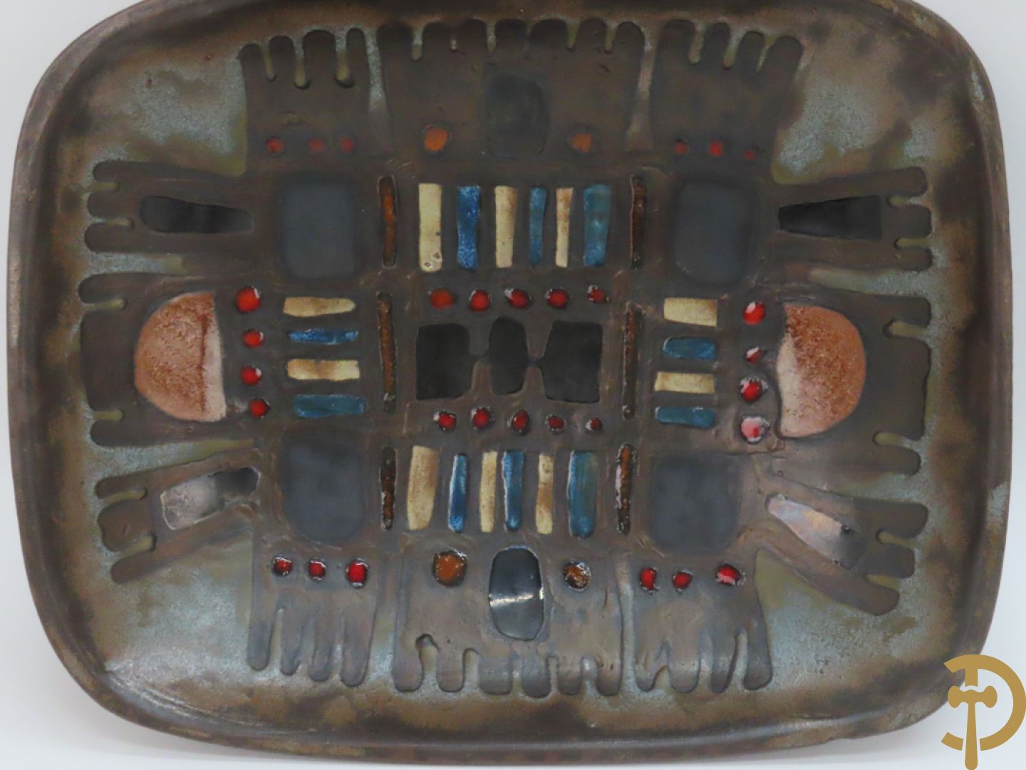 Moderne keramieken kleurrijke vintage coupe, gemerkt Perignem + Keramiek beeld van zeemeermin,  Amfora Vandeweghe