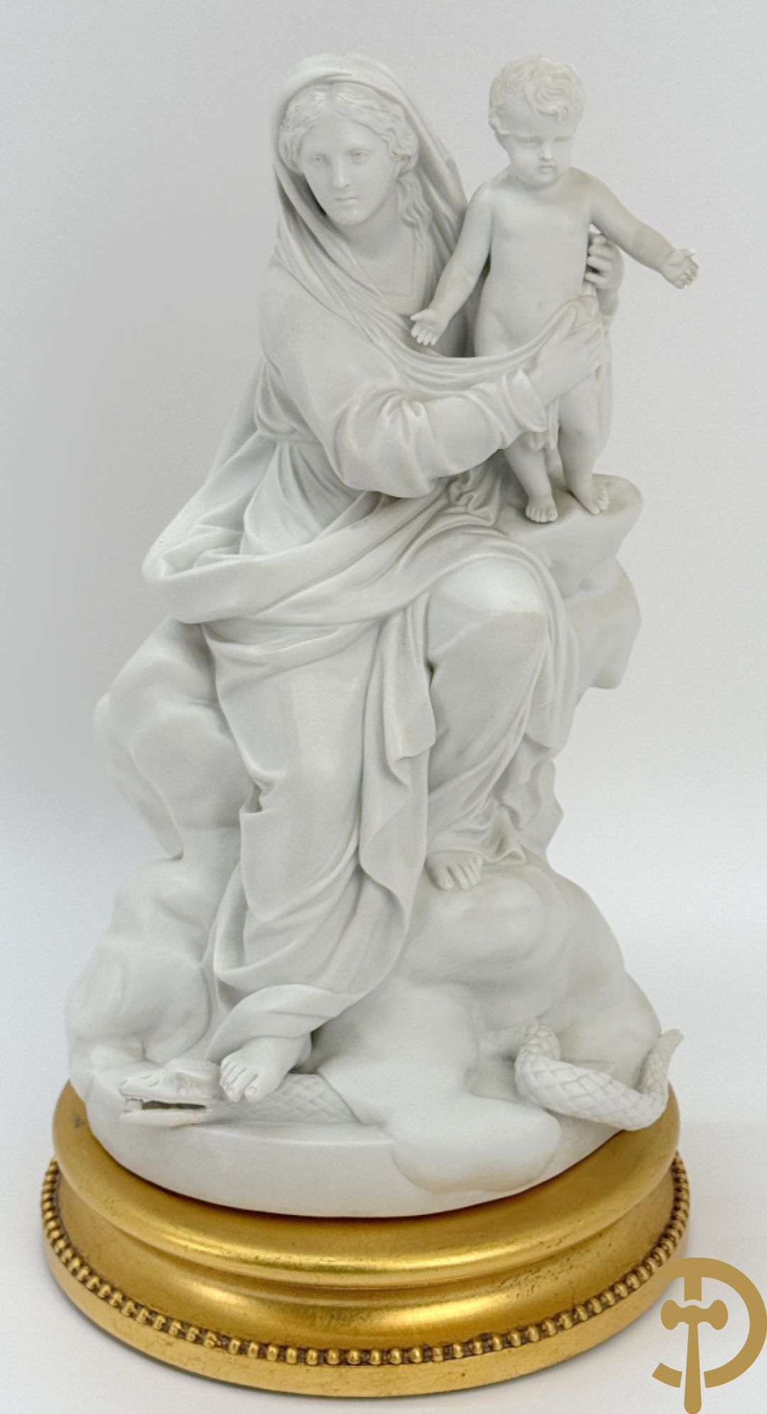 Boizet getekend, witte biscuit van Madonna met kind steunende op slang, gemerkt Sèvres, op vergulde sokkel