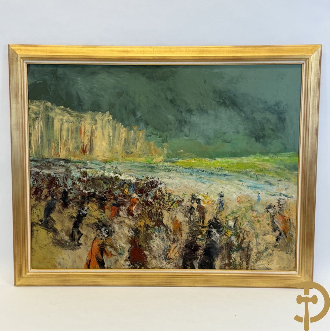 MORIN P.H. getekend (Philippe) december 1997 verso 'Geanimeerd strandzicht te Cap Gris Nez' olie op doek