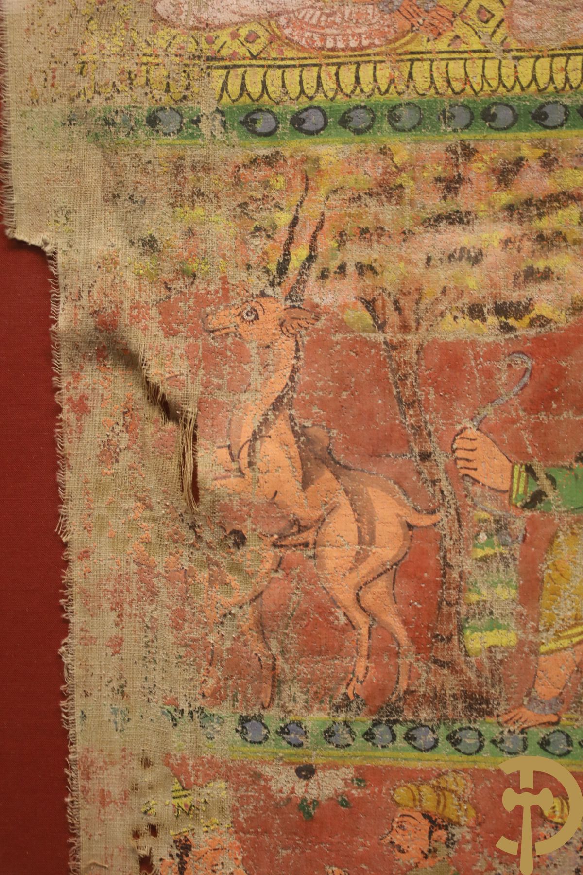 Antiek Indisch handbeschilderd doek met figuren, Shiva, 18e - 19e