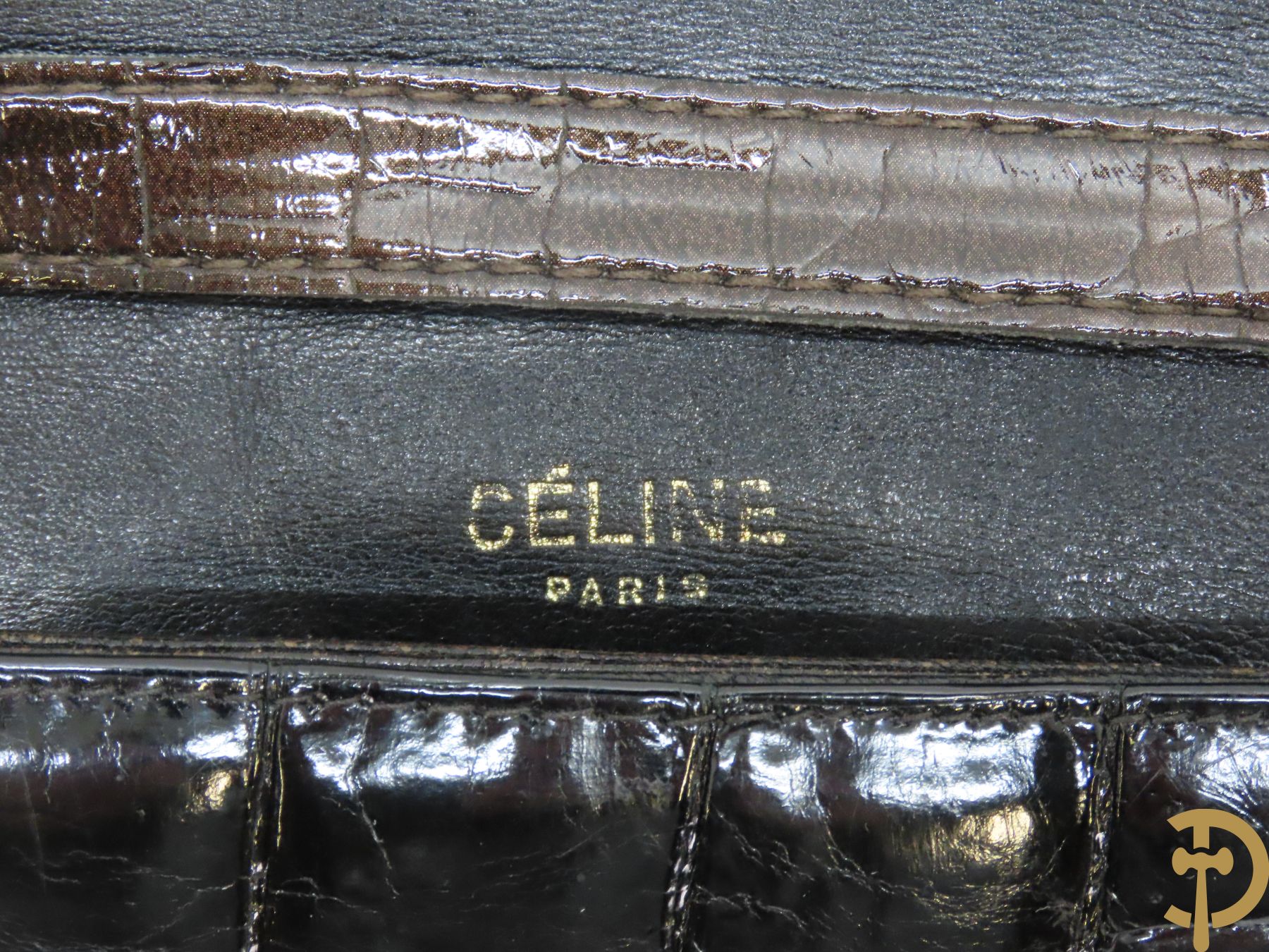 Zwart lederen vintage dames handtassen, Celine Paris  + bruine kroko lederen handtas, Celine Paris