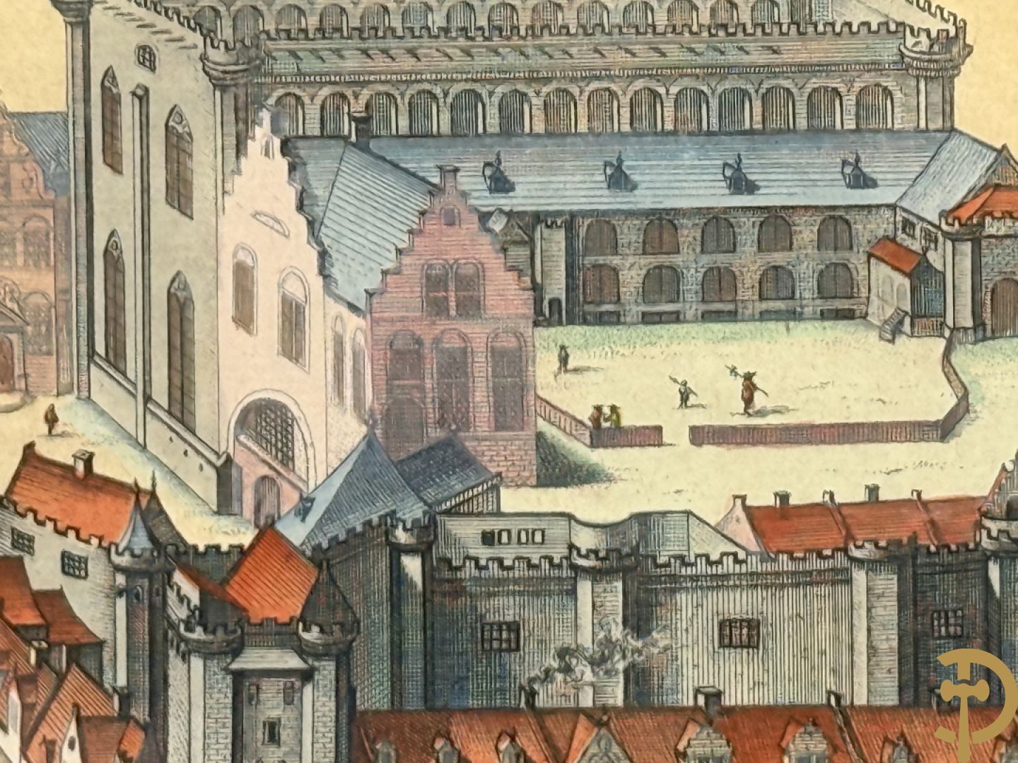 Handgekleurde kopergravure van de Kouter Gent uit Sanderus + handgekleurde kopergravure van Gravensteen uit Sanderus