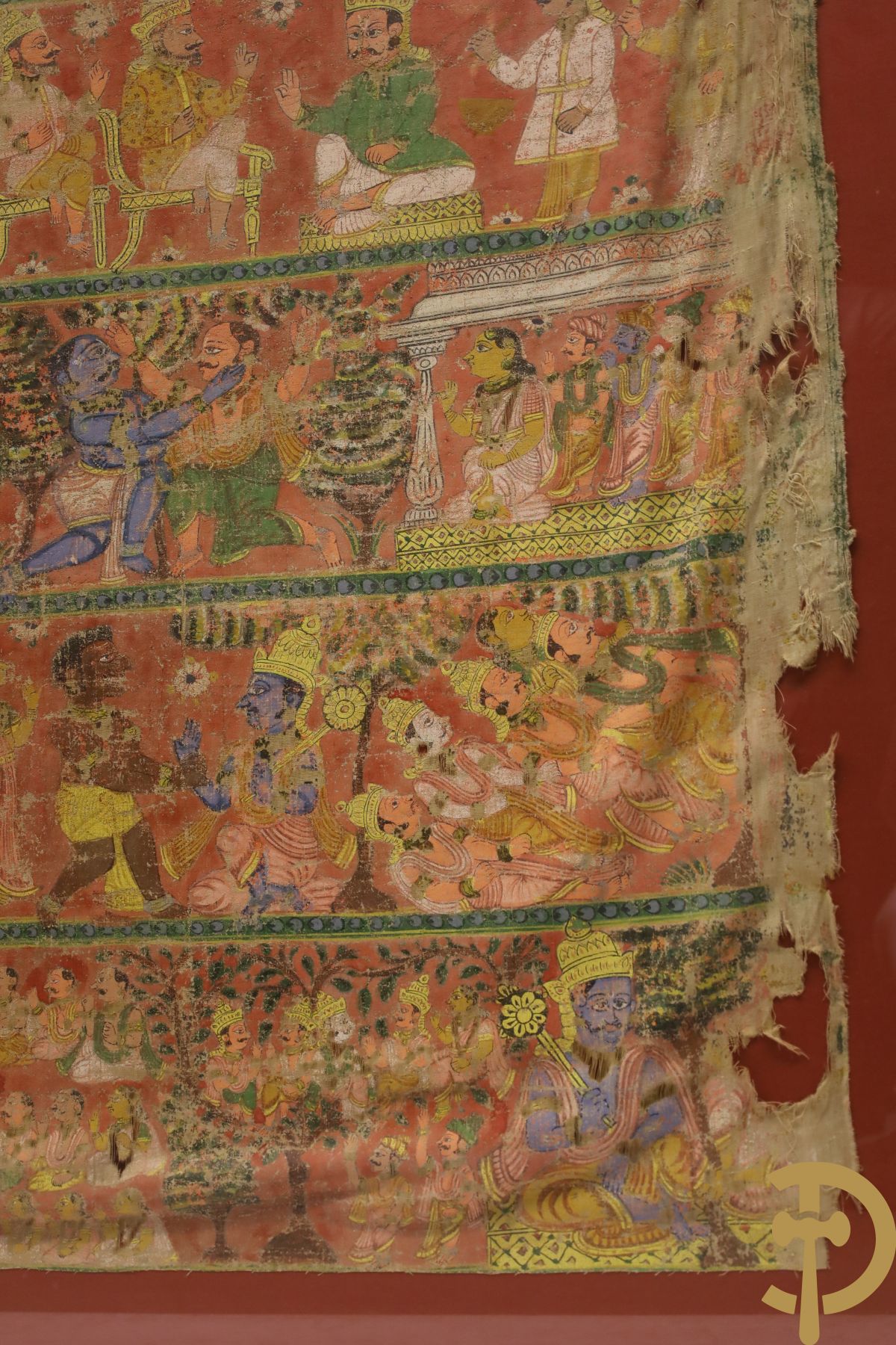 Antiek Indisch handbeschilderd doek met figuren, Shiva, 18e - 19e