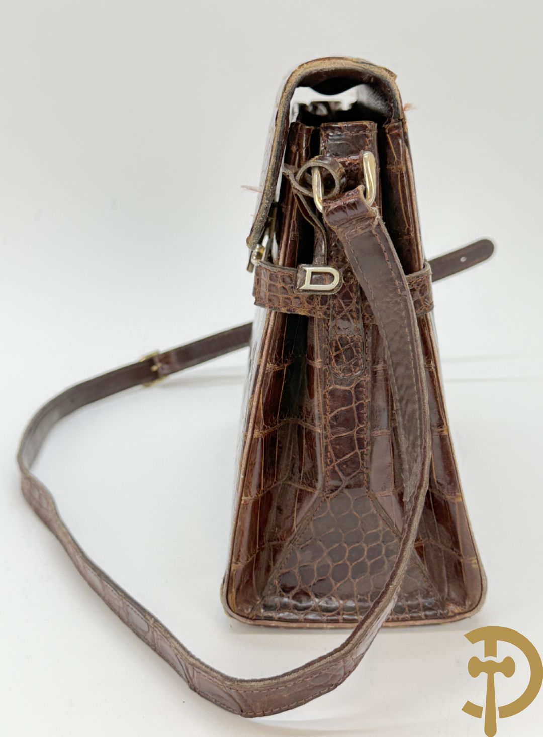 Vintage Delvaux handtas in kroko in bijhorende zak
