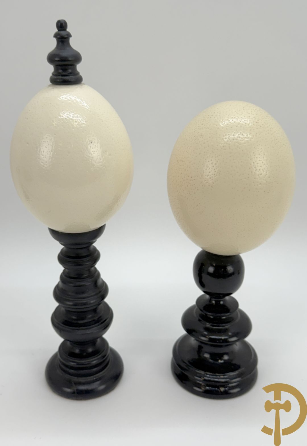 Vijf struisvogeleieren op zwart houten statief