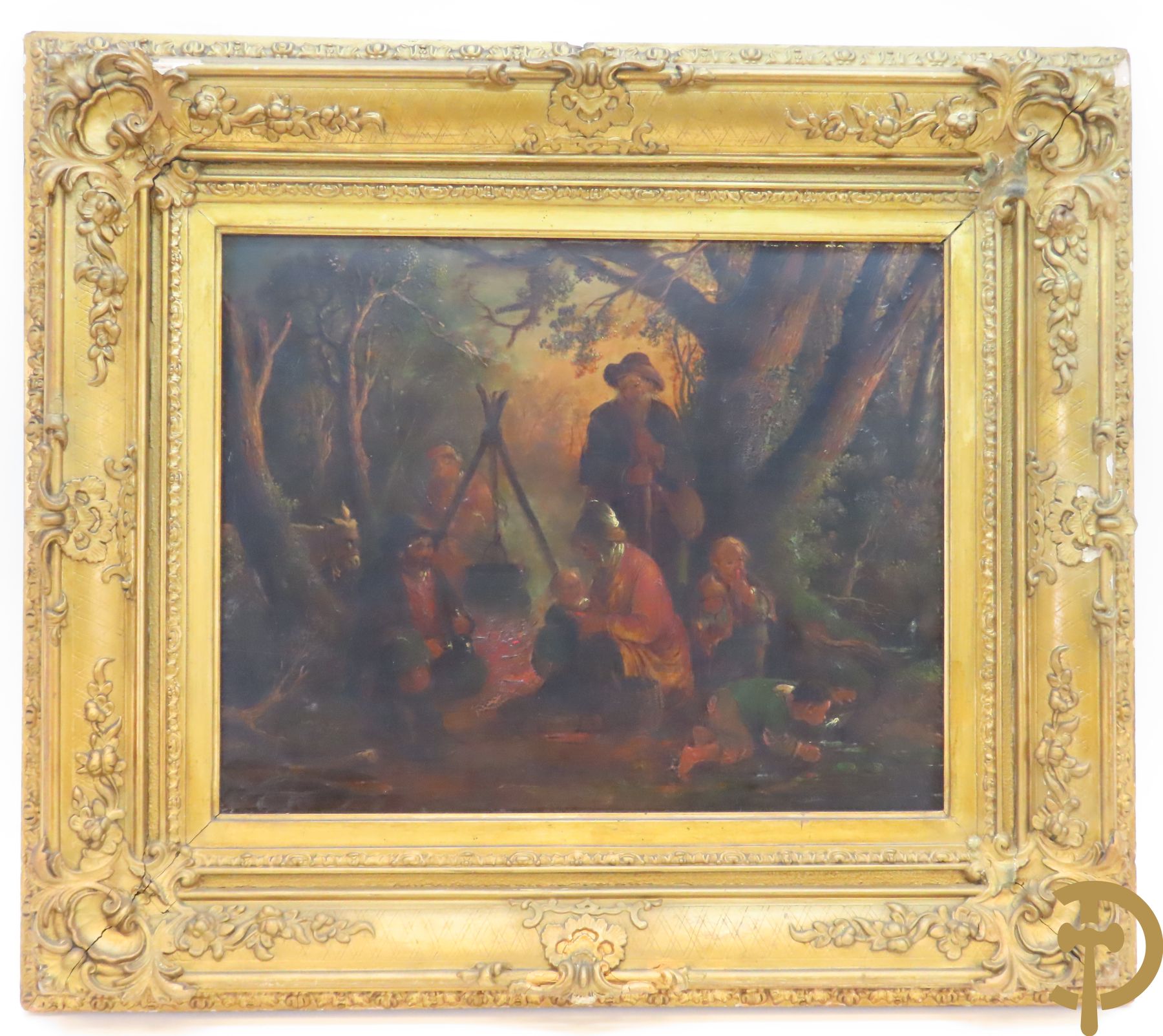 GREEN A.T. getekend 'Geanimeerde volkse scène' olie op paneel