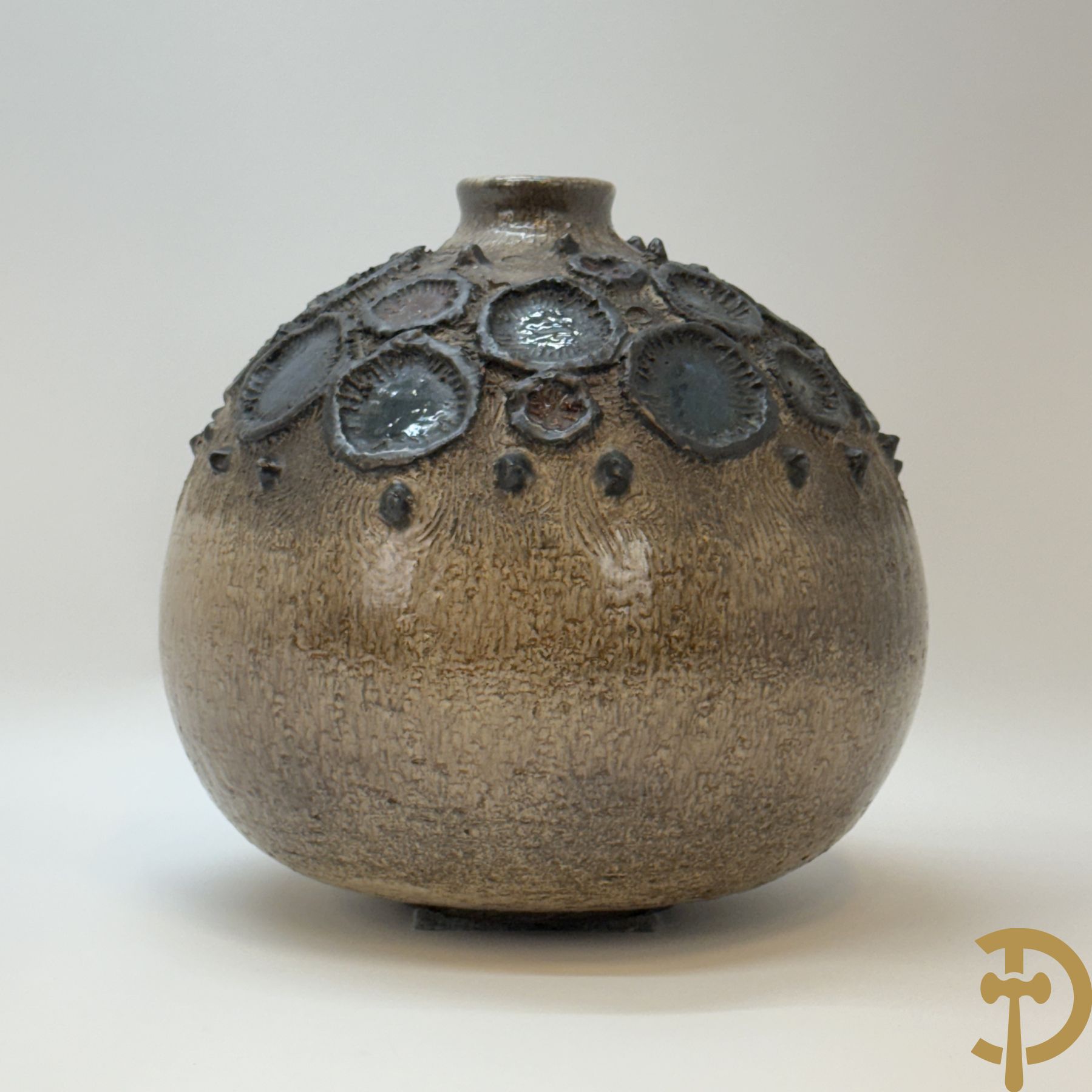 Grote vintage ronde keramieken vaas met geometrische motieven en glazuur, Perignem