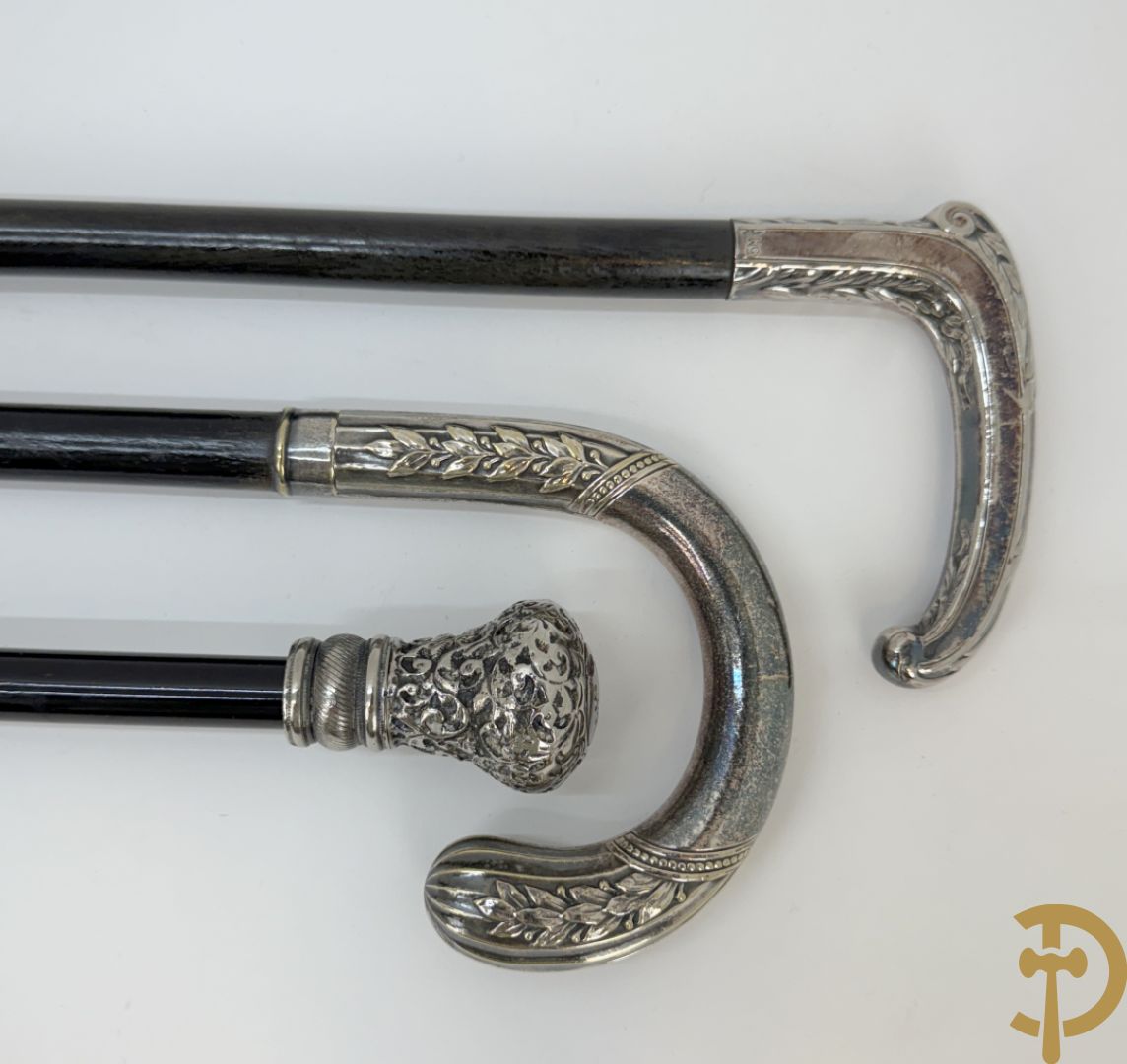 Drie wandelstokken met verzilverd handvat