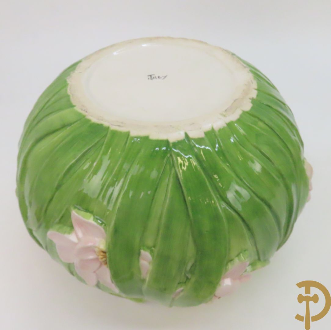 Keramieken zuil met ooievaar in het riet met cachepot erop, Italiaans, gemerkt