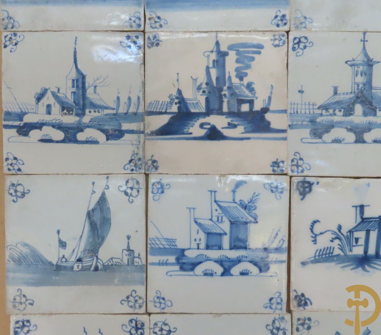 Set oude Delftse tegeltjes met landschappen, waterputten, kastelen, ...