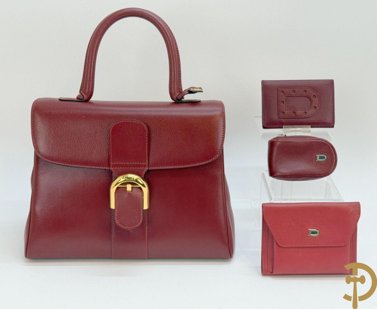 Bordeaux lederen handtas, geldbeugel, kaarthouder en portemonnee, Delvaux, model brillant