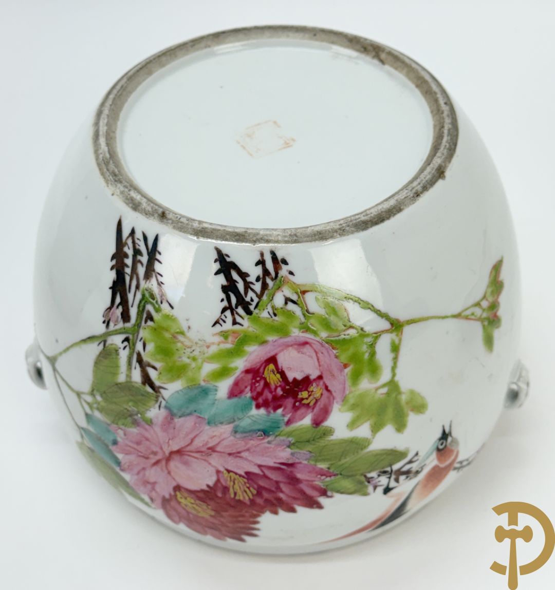 Chinese porseleinen dekselpotiche met vogel- en bloemendecor + Chinese porseleinen dekselkom met bloemen- en vogeldecor