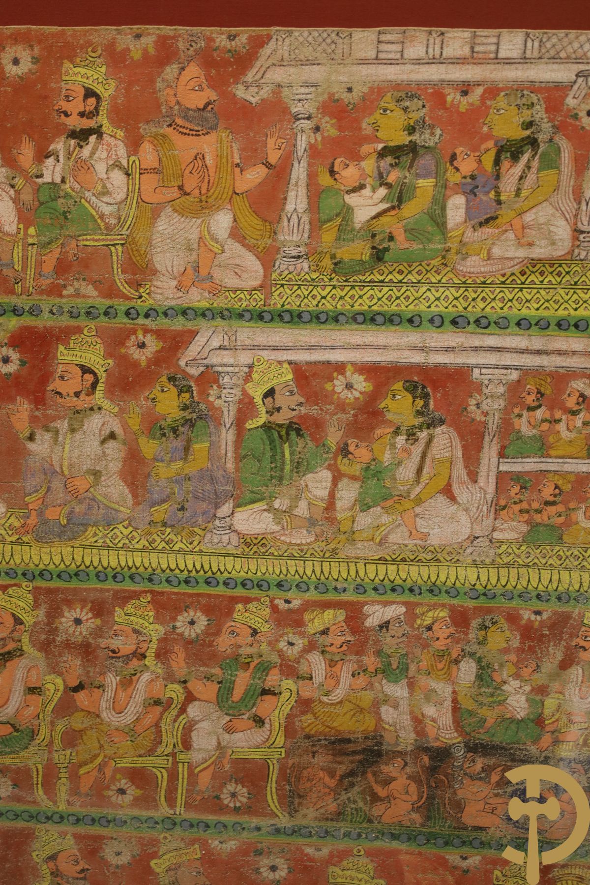 Antiek Indisch handbeschilderd doek met figuren, Shiva, 18e - 19e