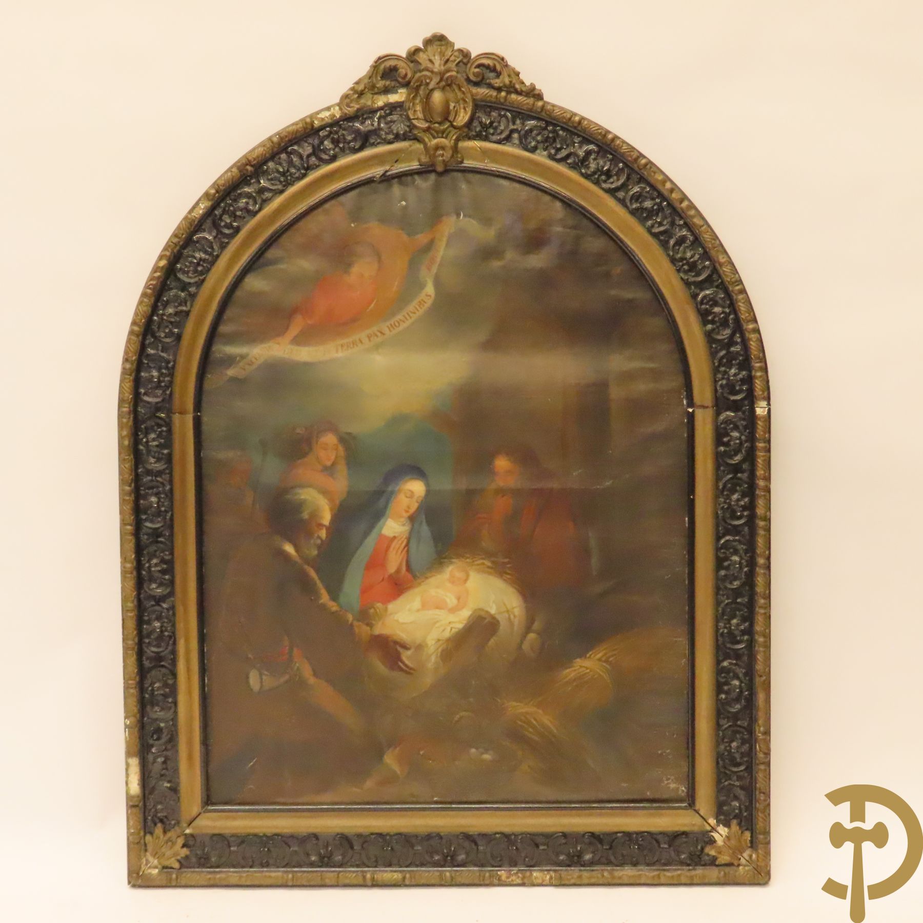 Ongetekend 'Geboorte van Christus' kapelvormige schilderij op doek in lijst met kuif