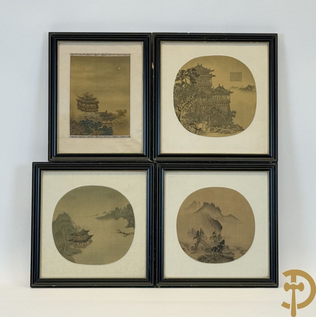 Drie ronde Aziatische zijdeschilderingen + Aziatische zijdeschildering