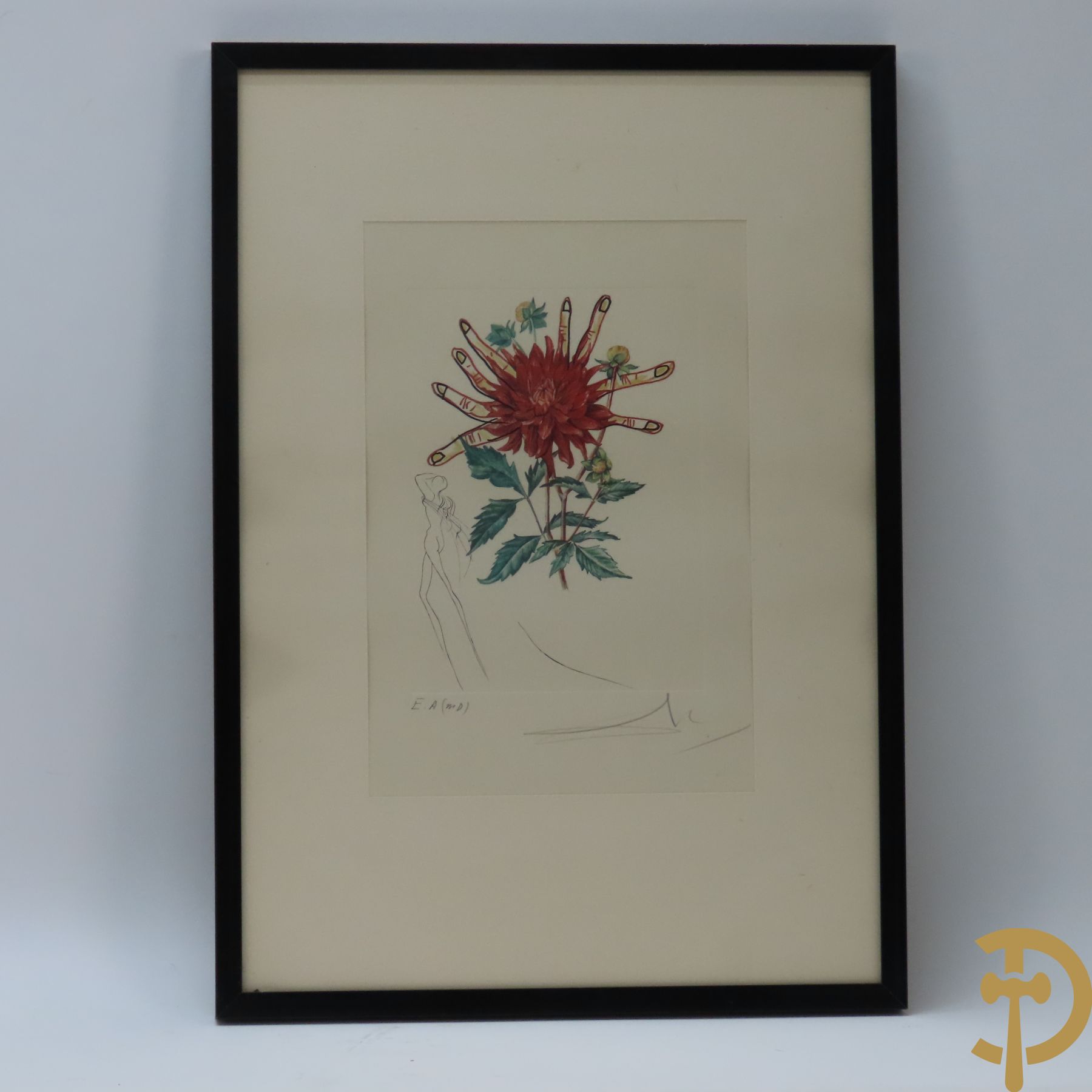 DALI getekend rechts beneden 'Surrealistisch bloemenstilleven met naakte dame' litho EA