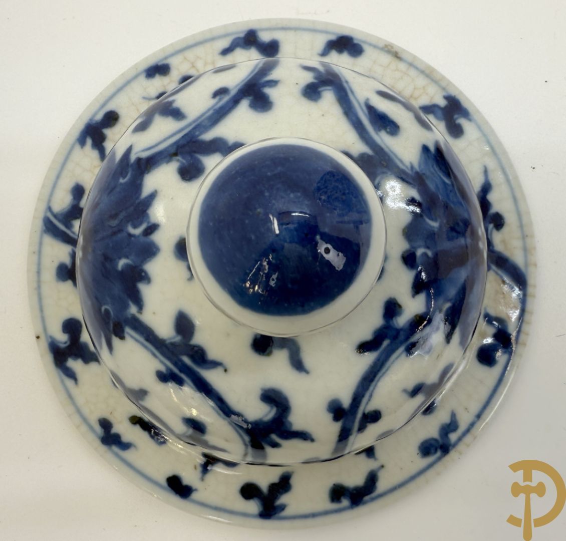 Paar Chinese dekselpotiches in blauw wit porselein met bloemendecor en accanthusranken