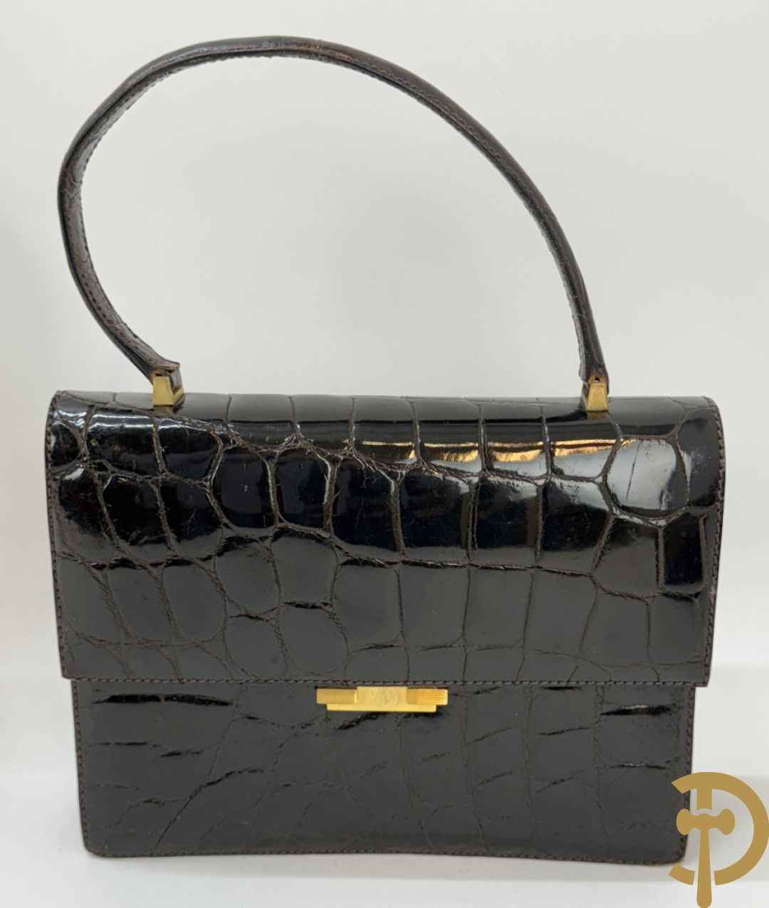 Kroko zwart lederen handtas, Le Sellier Bruxelles + zwart lederen kroko clutch + bruin lederen kroko enveloppetas + toneelhandtasje