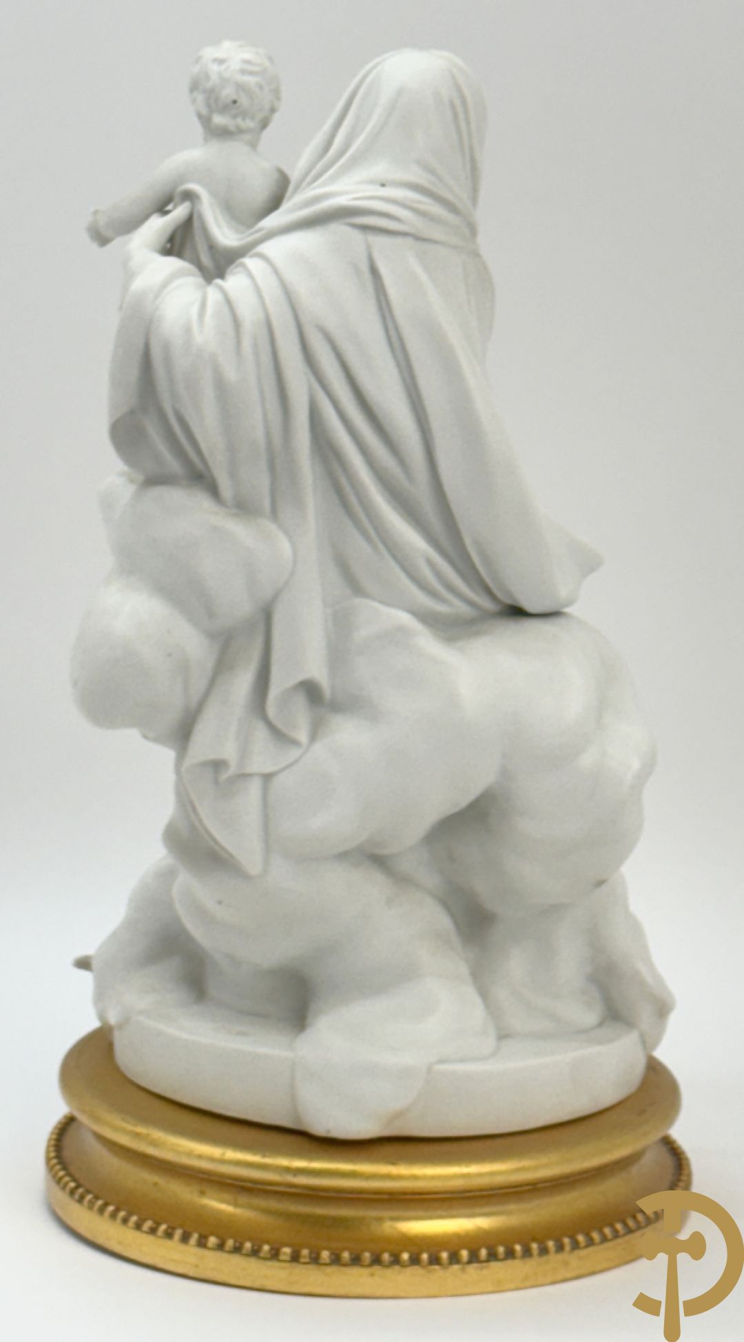 Boizet getekend, witte biscuit van Madonna met kind steunende op slang, gemerkt Sèvres, op vergulde sokkel