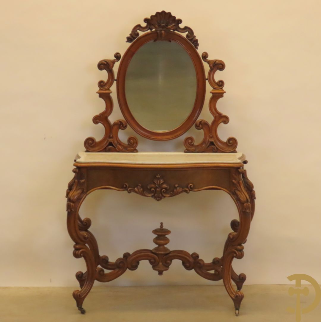 Opschiktafel Louis Philippe met accanthusranken, ovale spiegel en marmeren blad op voluutvormige poten