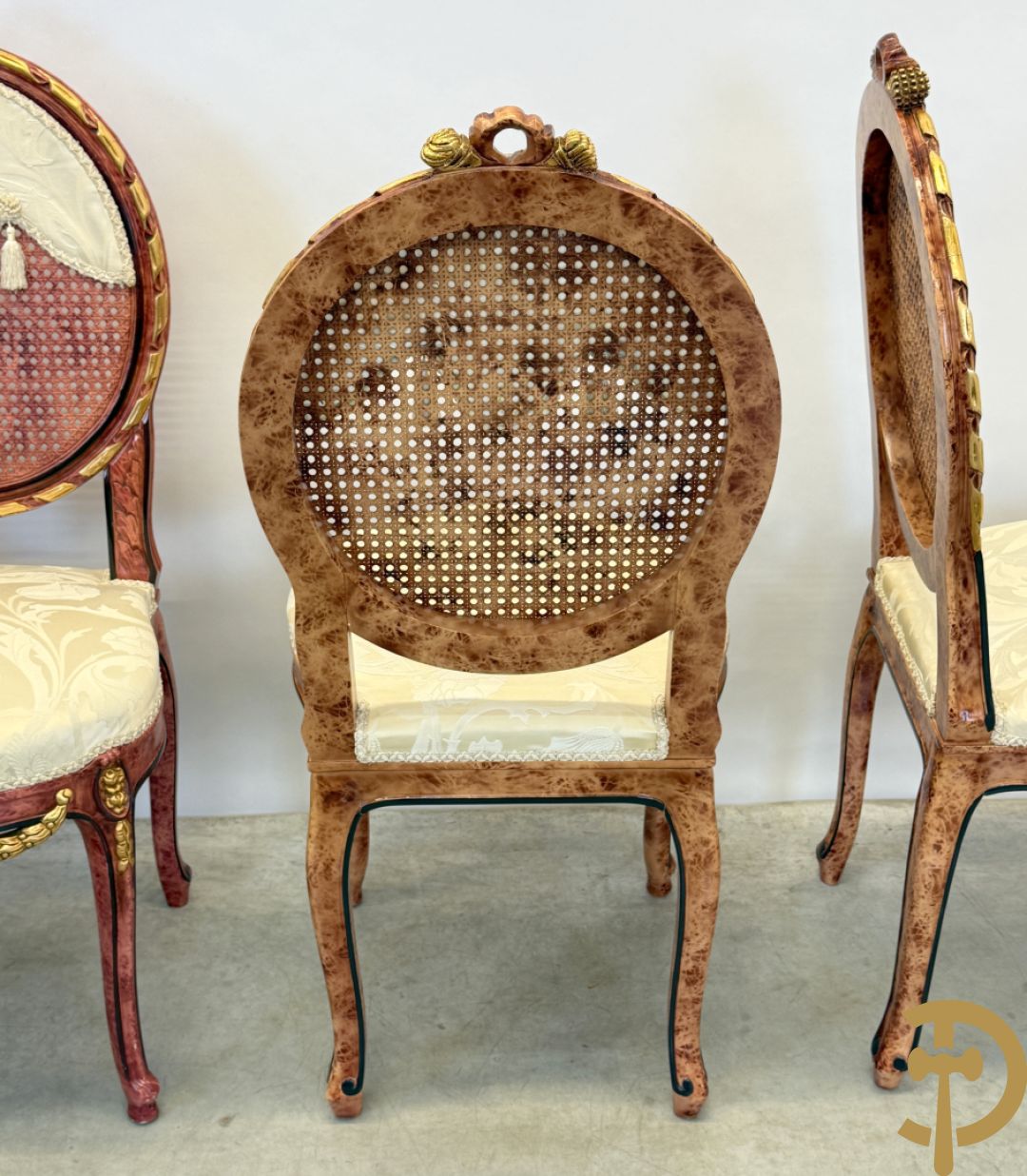 Set van 4 ovale medaillonstoelen in marbré effect met Louis XVI strik