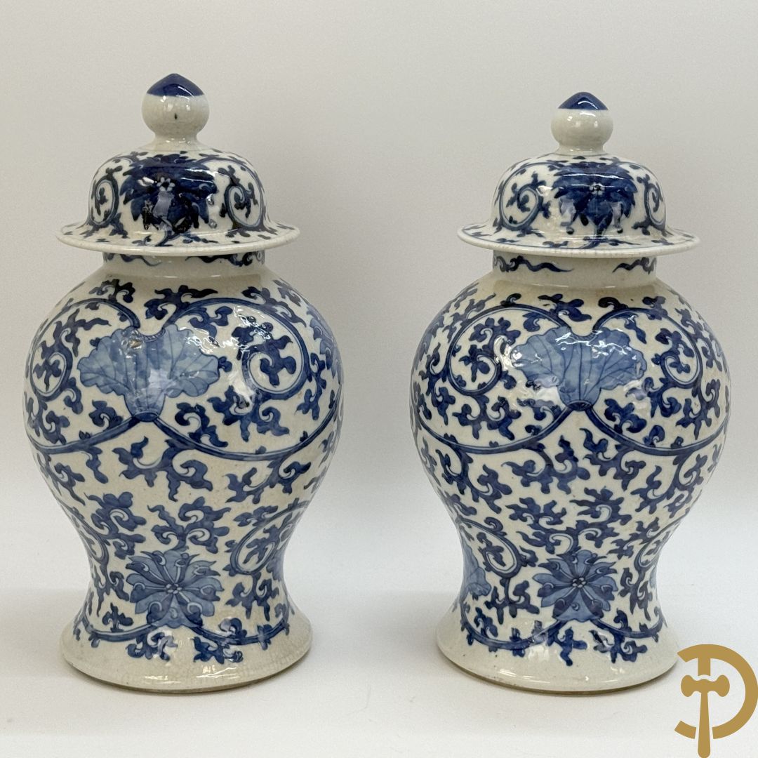 Paar Chinese dekselpotiches in blauw wit porselein met bloemendecor en accanthusranken