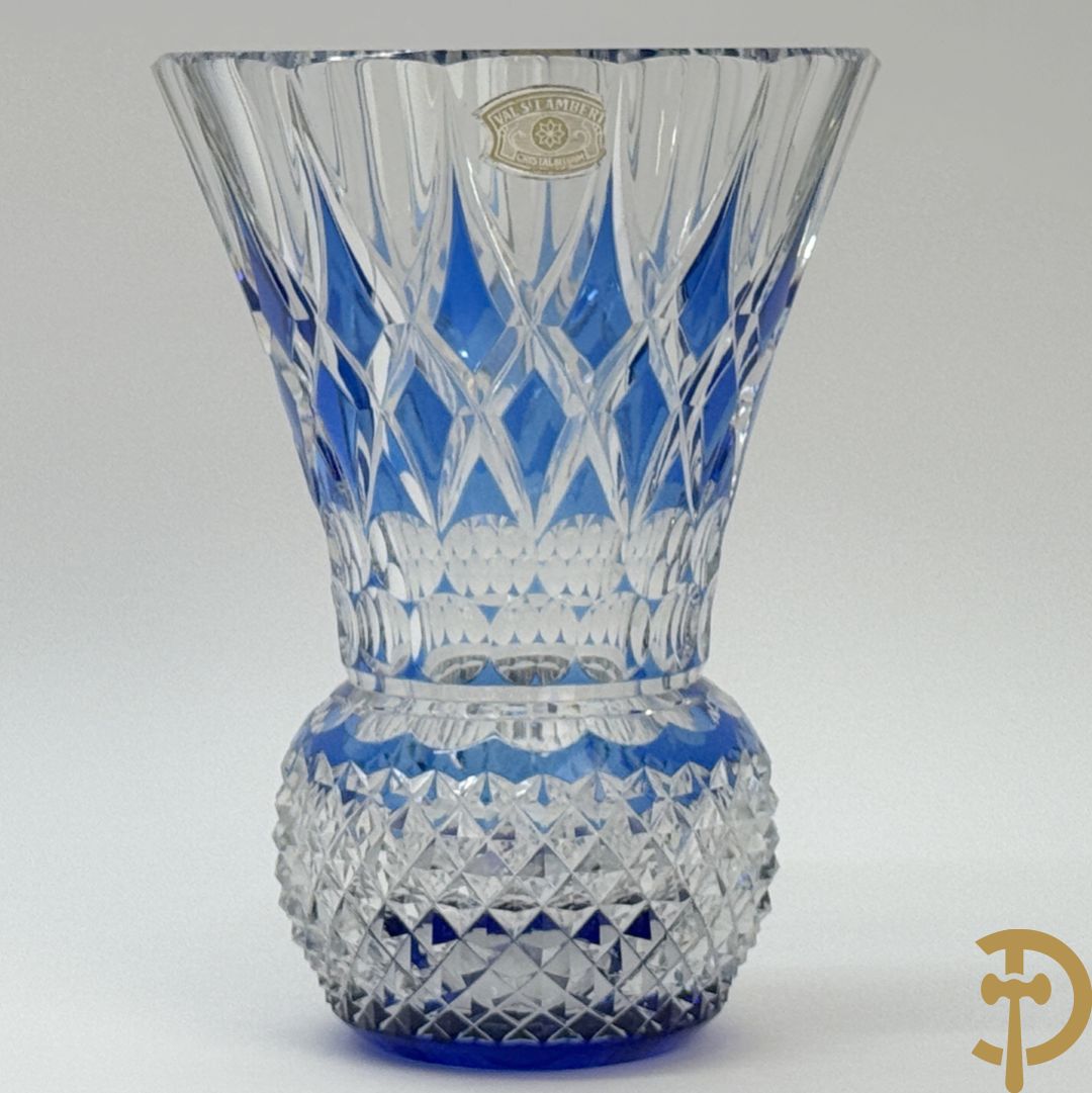 Val Saint Lambert : Blauwe kristallen handgeslepen vaas