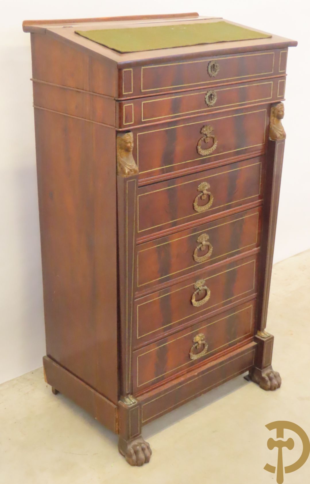 Mahoniehouten zesladenkast met schrijfblad bovenaan, Empire