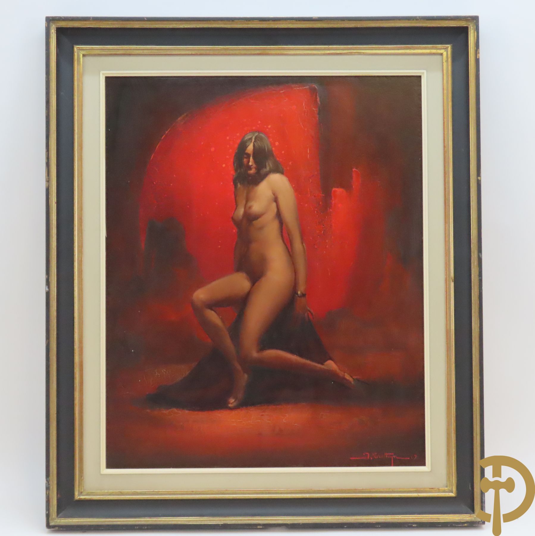 TROTTEYN J. get. '69 'Le Rouge est la couleur de mes rêves, zittende naakte dame' olie op paneel