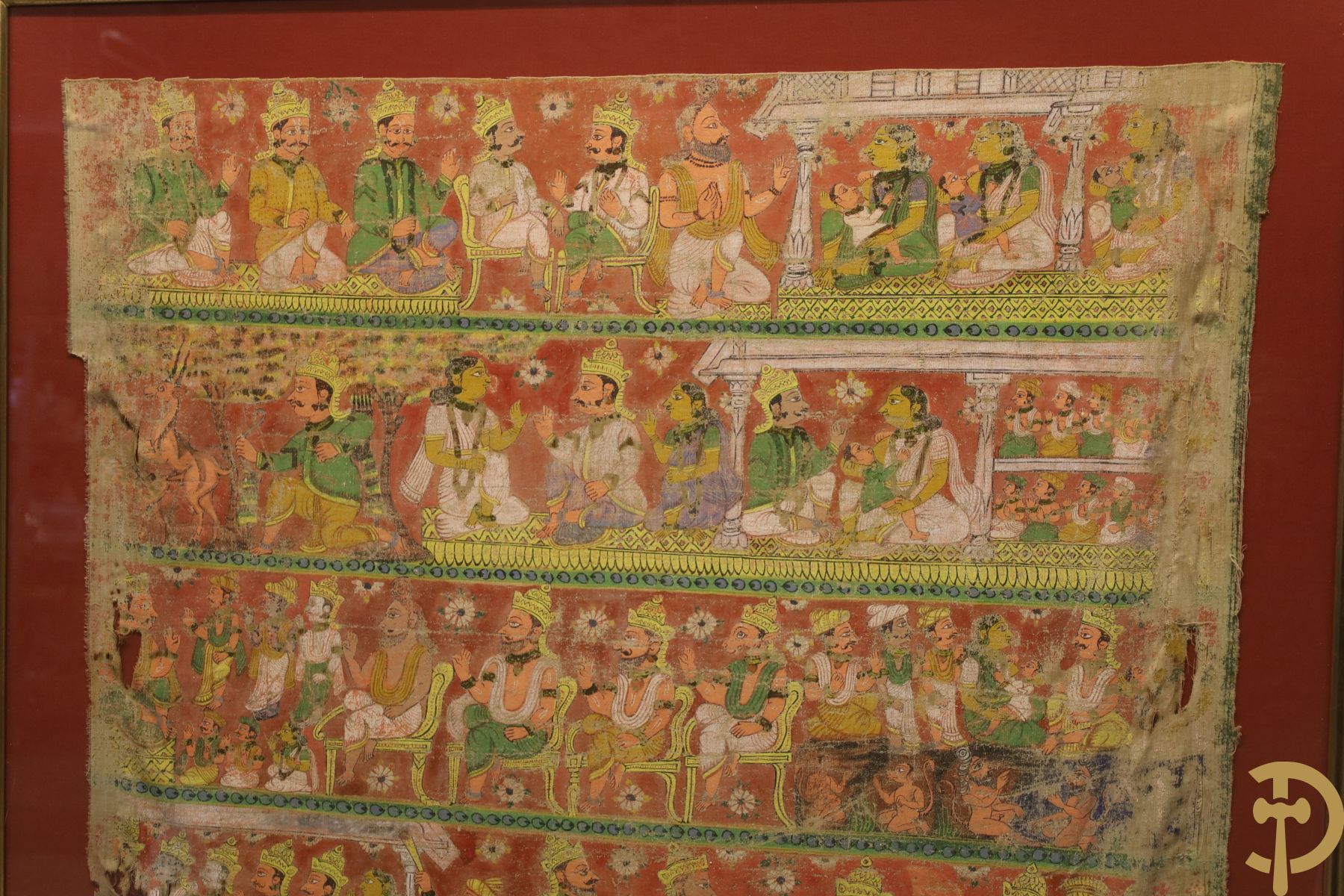 Antiek Indisch handbeschilderd doek met figuren, Shiva, 18e - 19e