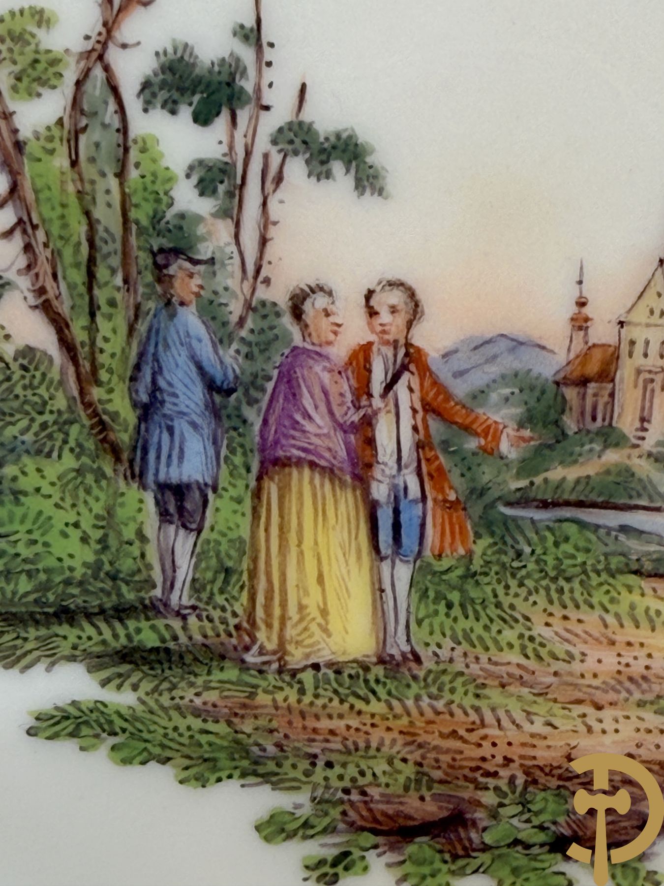 Porseleinen kopje met schoteltje met zeer fijn handbeschilderd geanimeerd landschapsdecor omgeven door bloemen, onderaan gemerkt Sint Petersburg (Alex I 1801-1825)