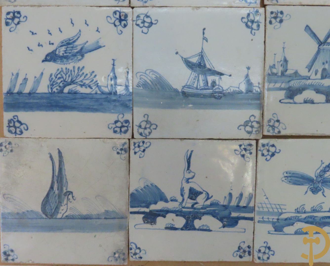 Set oude Delftse tegeltjes met landschappen, waterputten, kastelen, ...