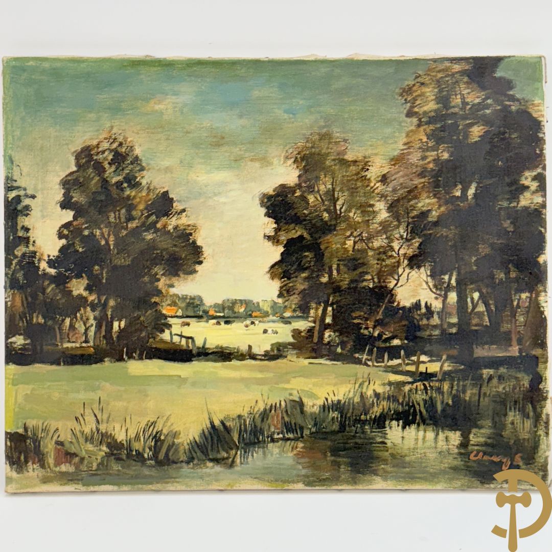 CLAEYS getekend 'Leielandschap met dieren aan de einder' olie op doek