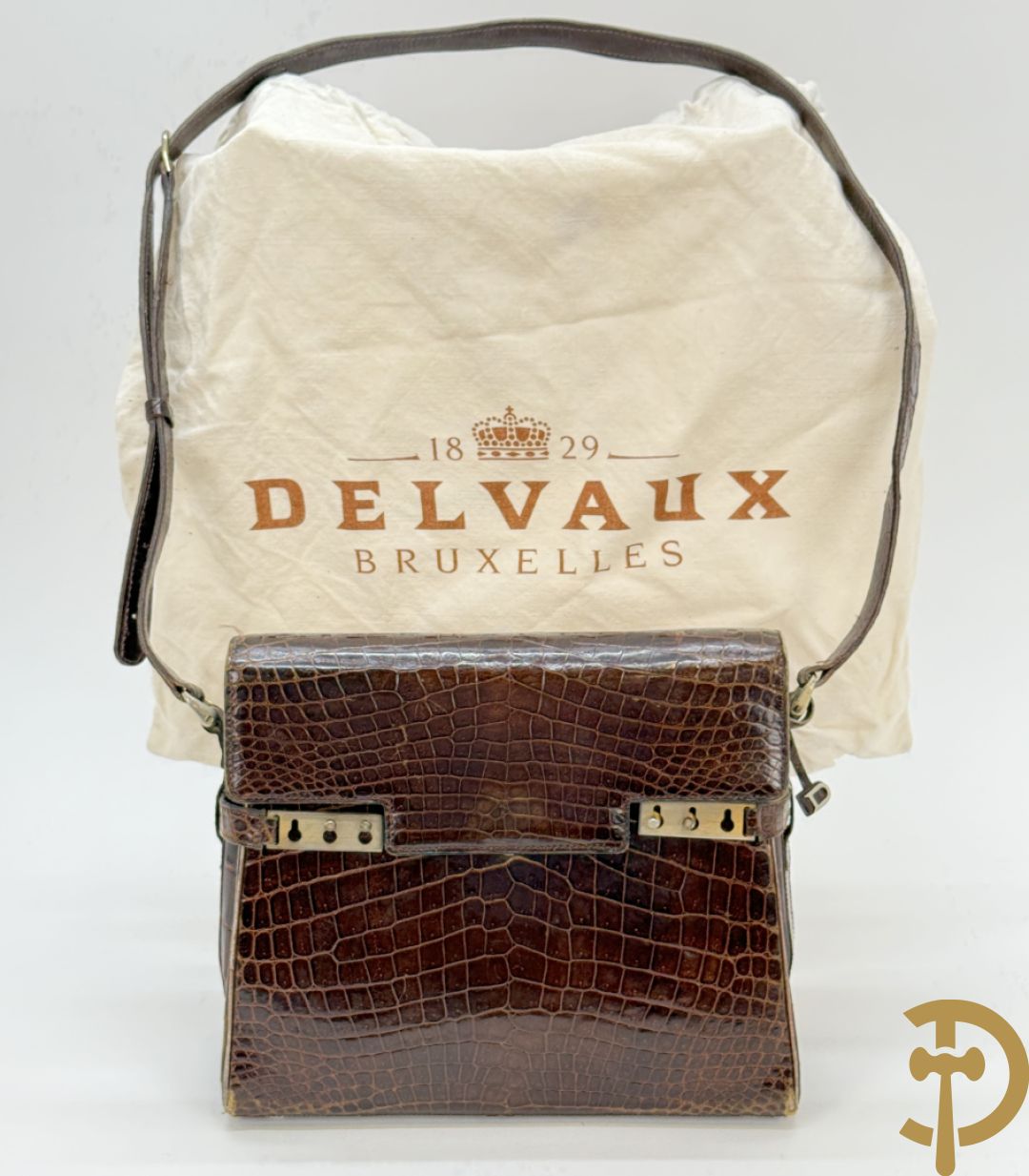 Vintage Delvaux handtas in kroko in bijhorende zak