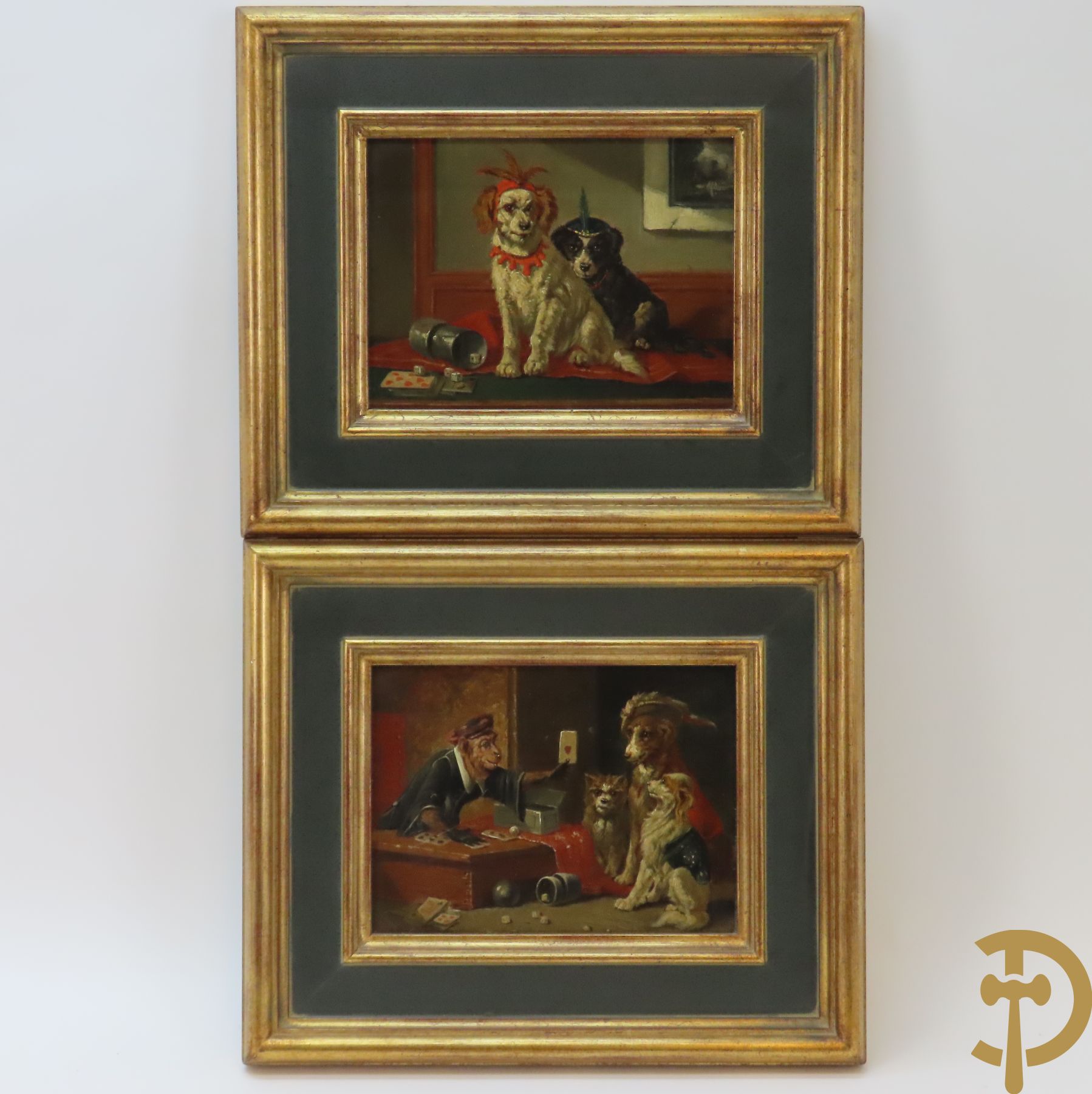 DEVOS V. get. 'Hondjes met aapje bij het kaartspel' en 'Paar hondjes met pluimen bij kaartspel en dobbelstenen' olie op mahoniehouten paneel