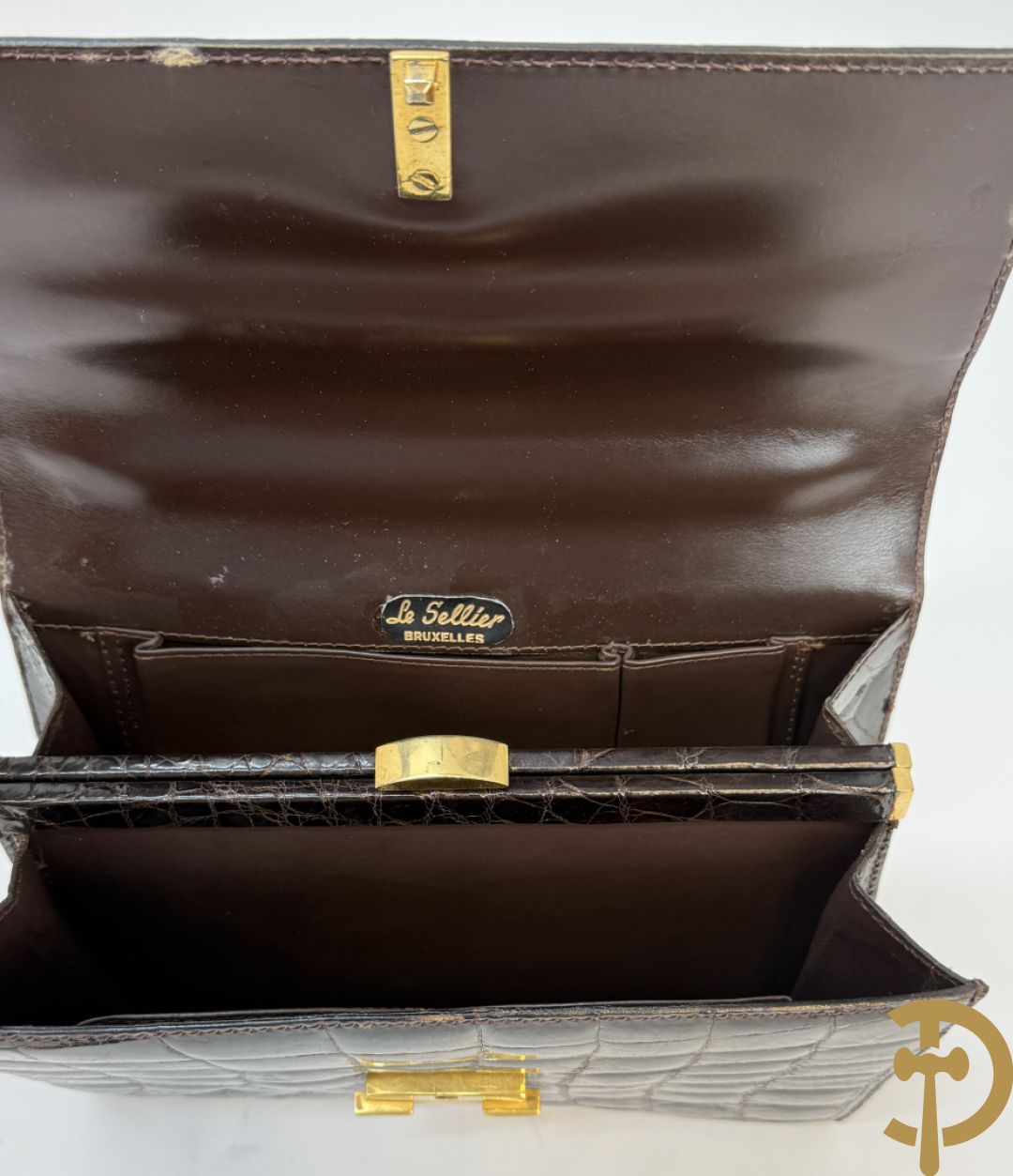 Kroko zwart lederen handtas, Le Sellier Bruxelles + zwart lederen kroko clutch + bruin lederen kroko enveloppetas + toneelhandtasje