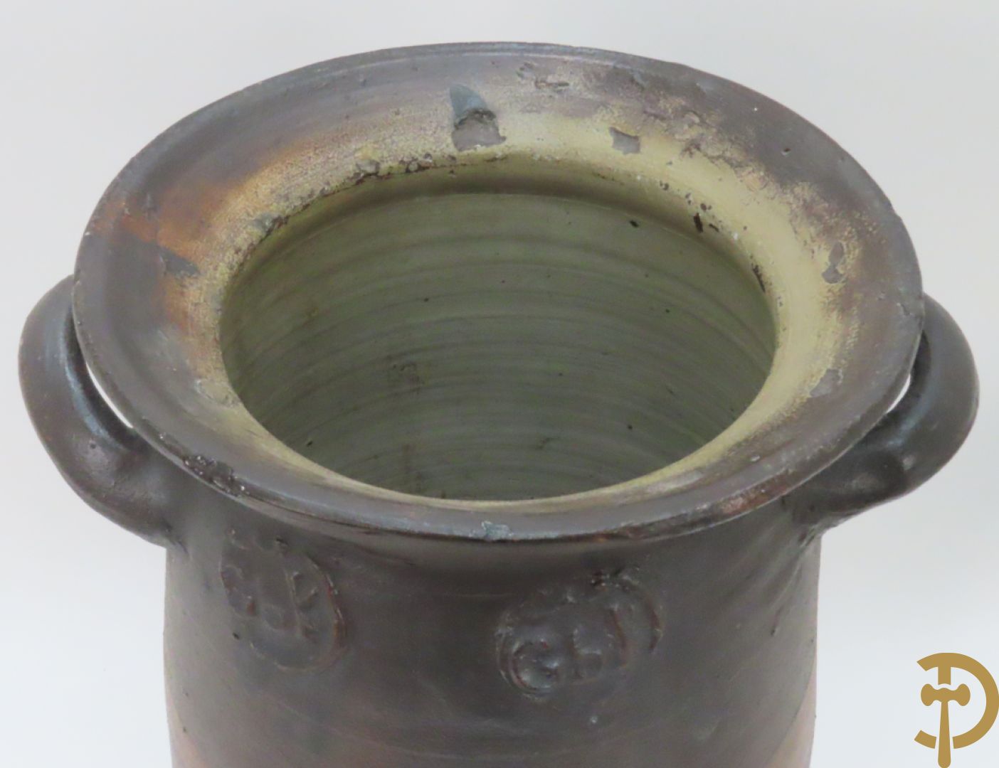 Langerwehe steengoed kruik + twee steengoed veldkruiken +Keulse dekselkan + bronzen mortier met stamper