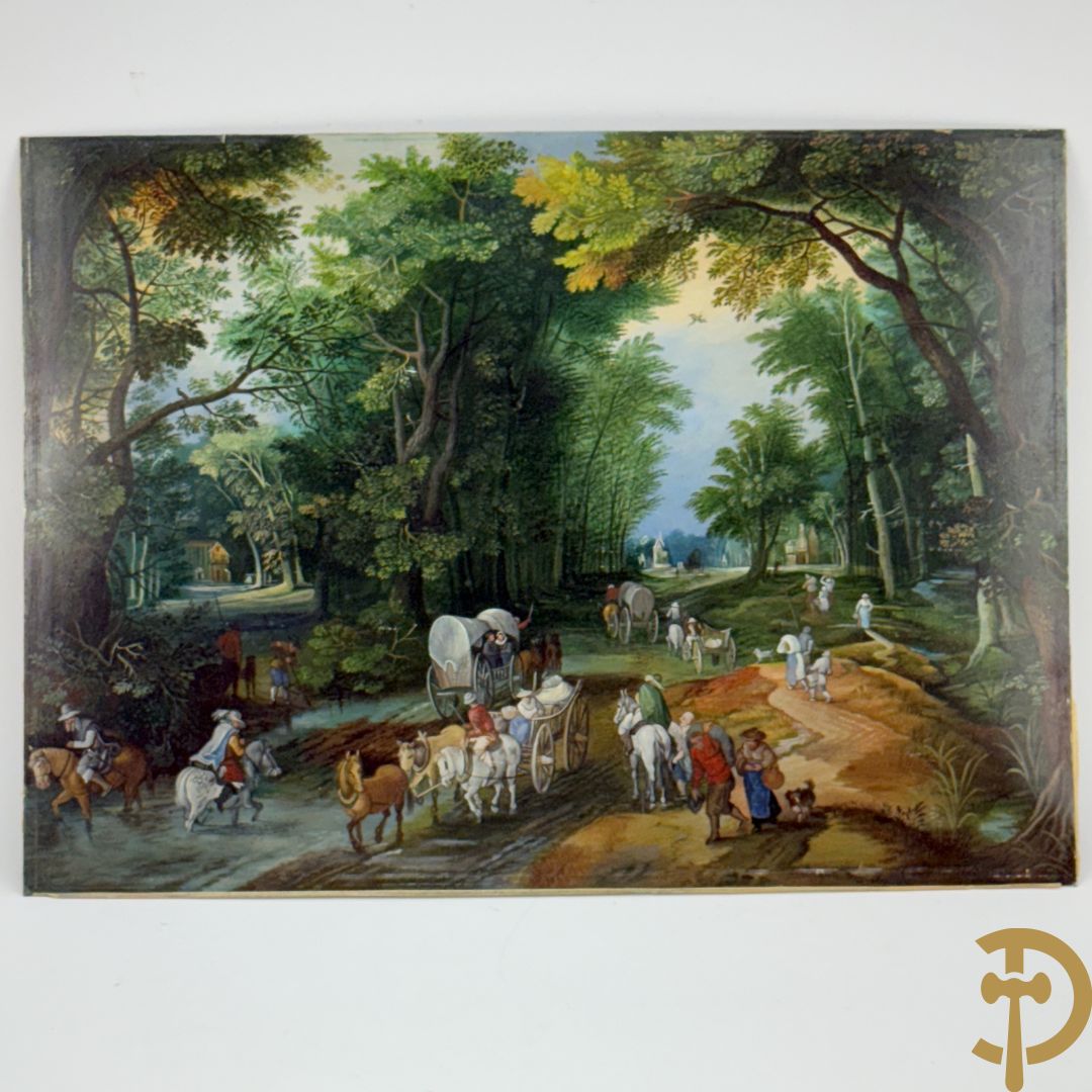 Ongetekend 'Geanimeerd tafereel met koetsen in het bos' olie op koperen plaat
