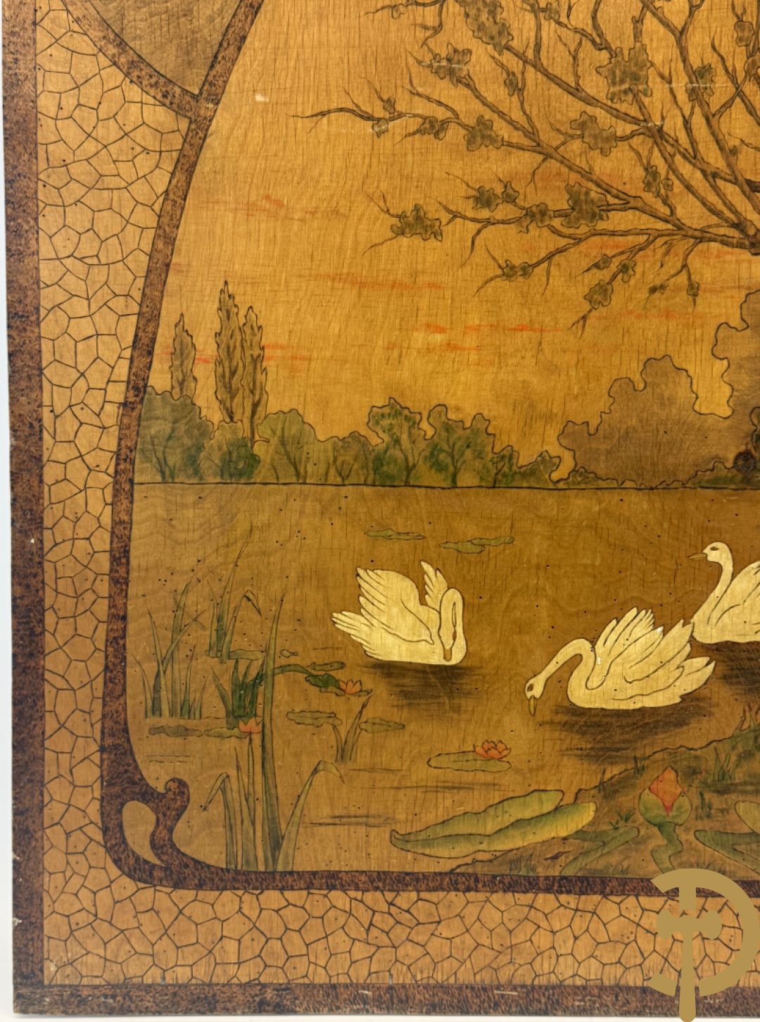 Art Nouveau paneel met pyrografie 