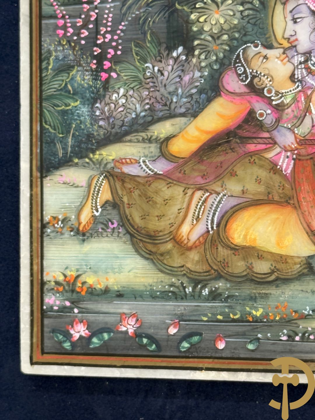 Zes Indische geanimeerde tekeningen van goden en liefdesscènes op gesteente