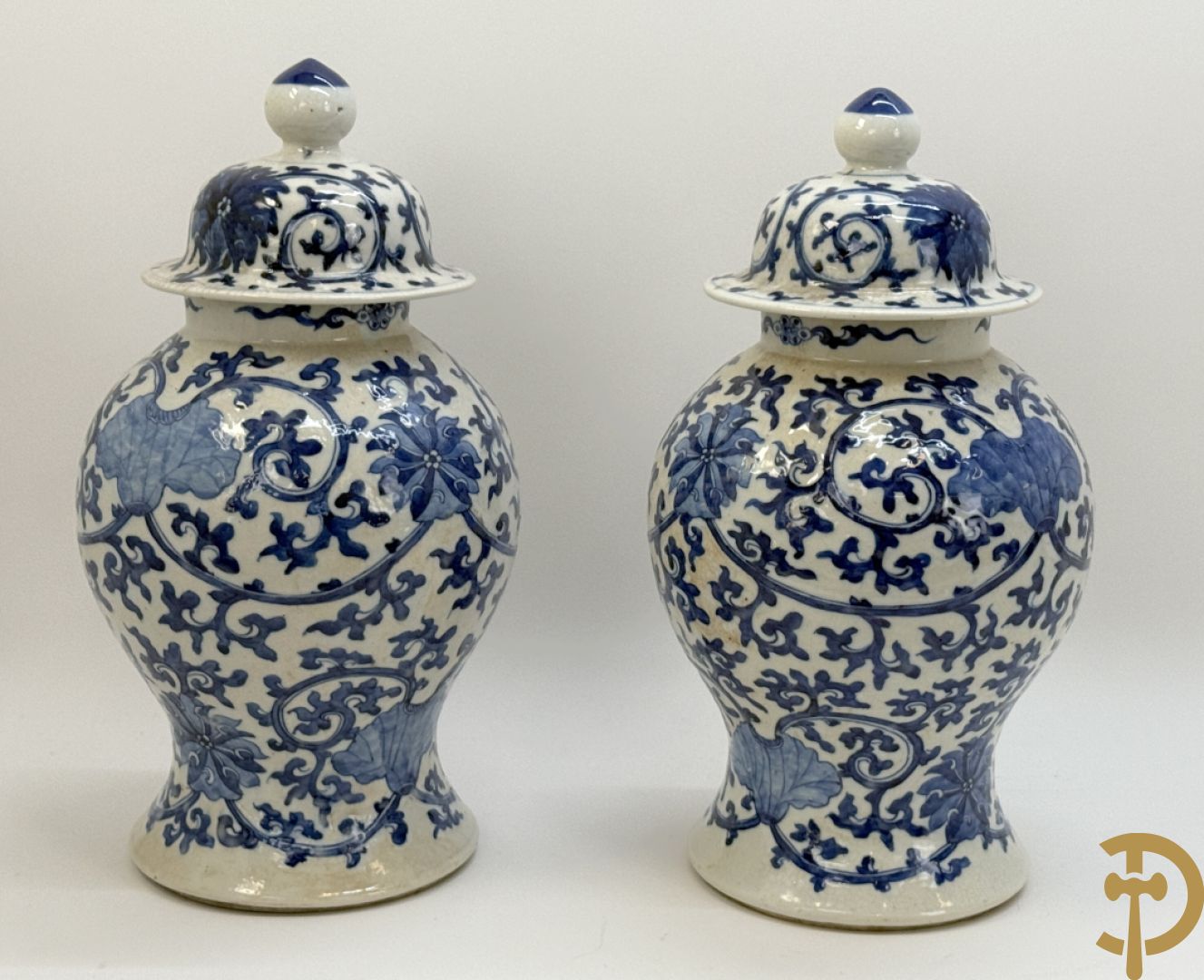 Paar Chinese dekselpotiches in blauw wit porselein met bloemendecor en accanthusranken