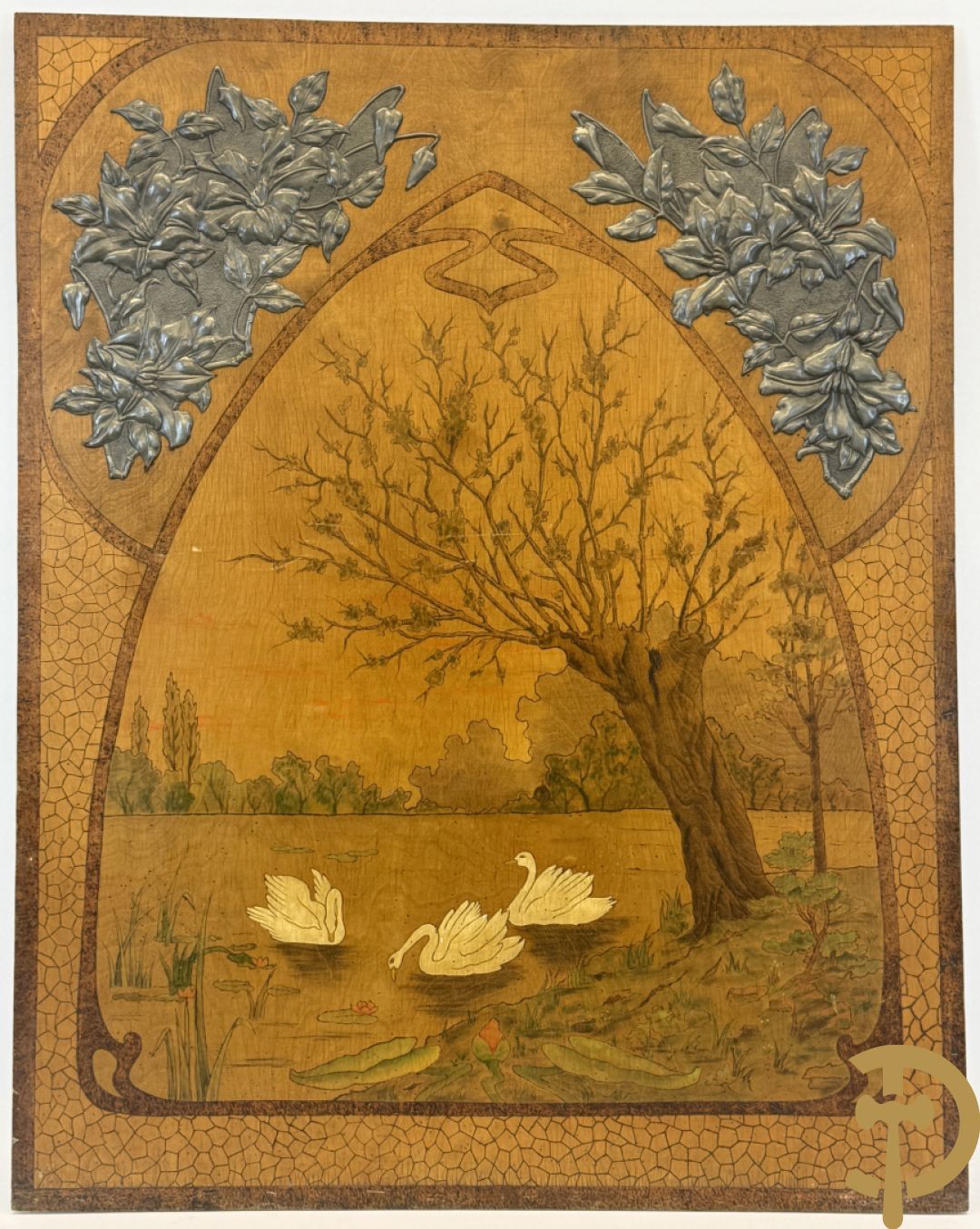 Art Nouveau paneel met pyrografie 