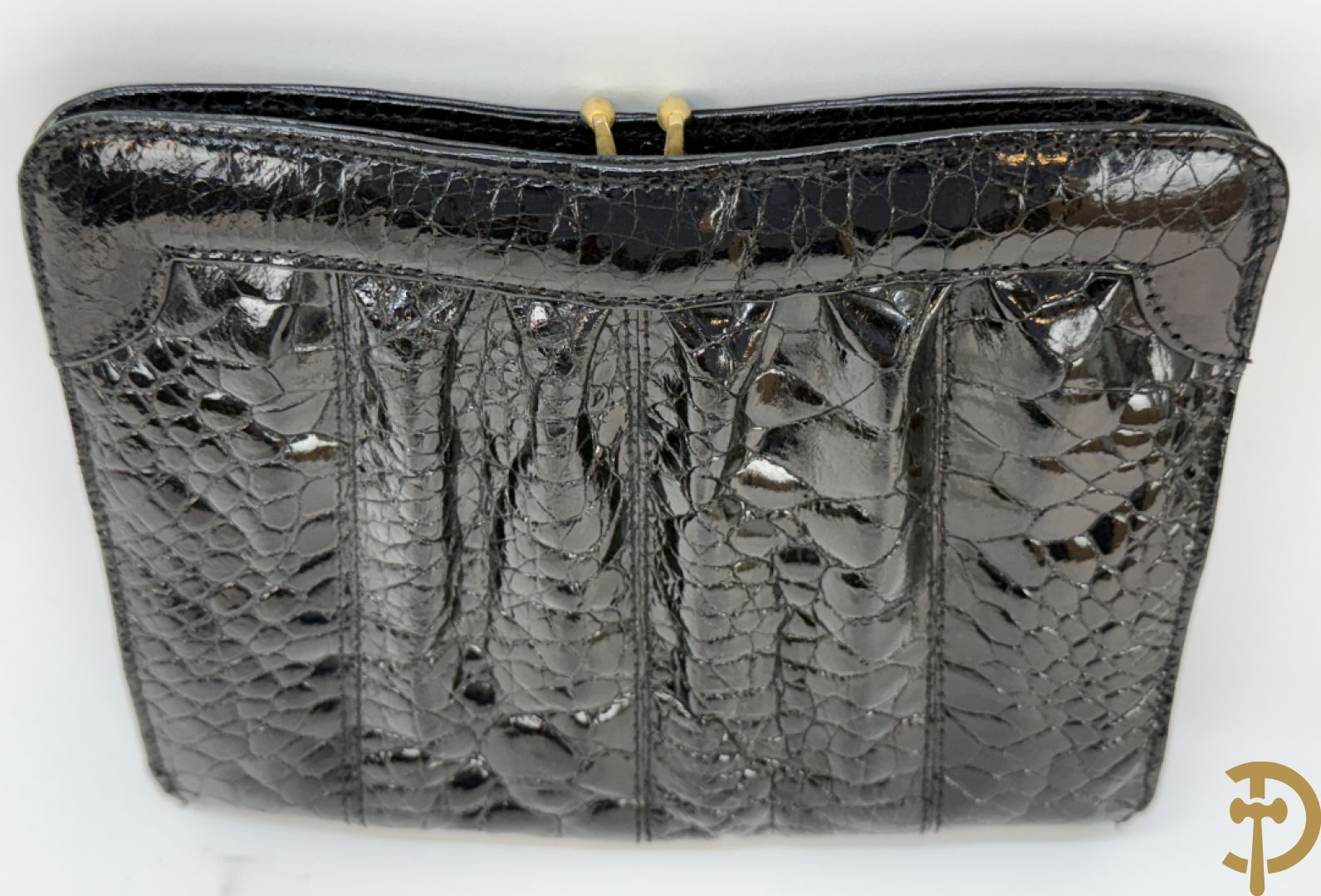 Kroko zwart lederen handtas, Le Sellier Bruxelles + zwart lederen kroko clutch + bruin lederen kroko enveloppetas + toneelhandtasje