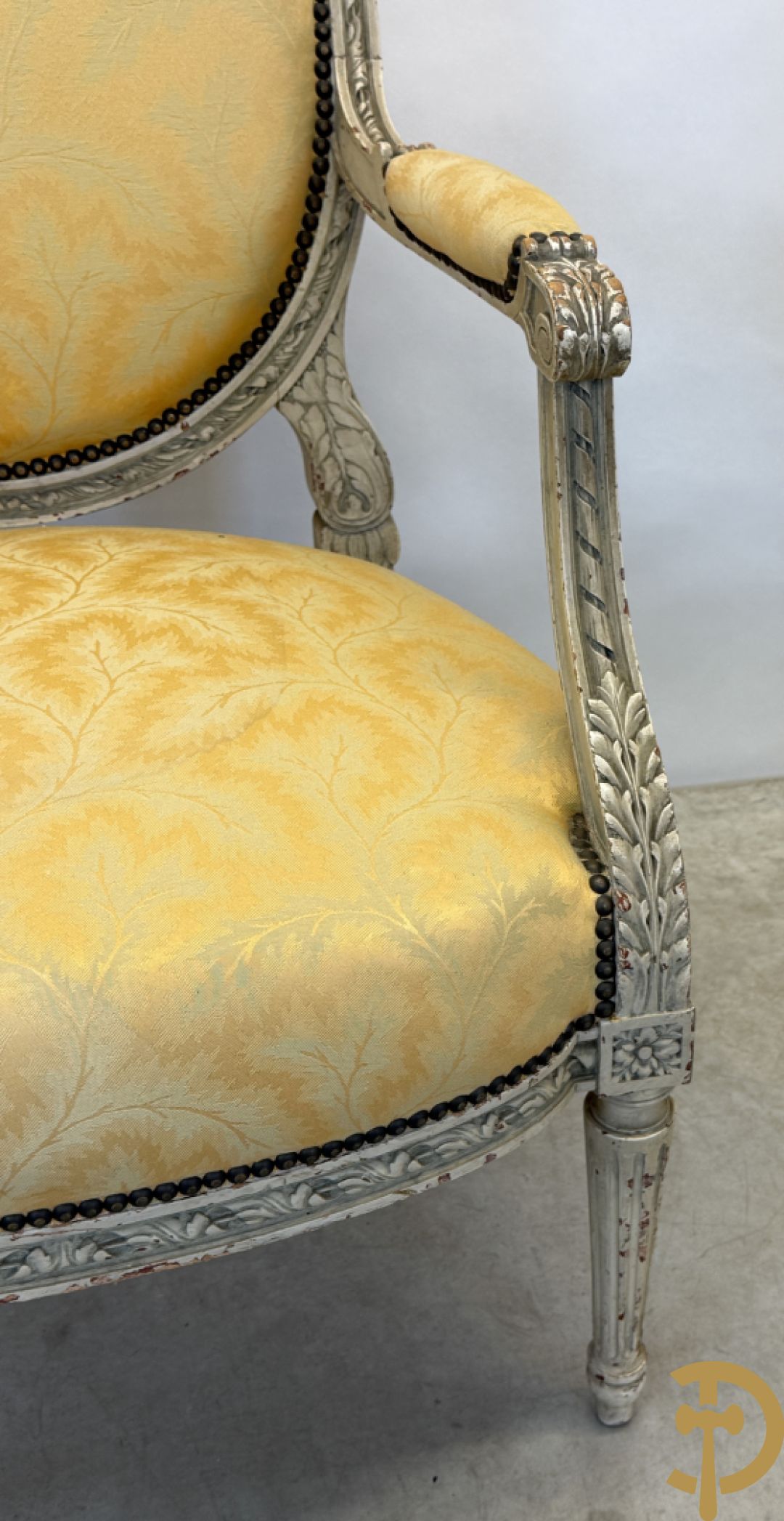 Salonensemble met rocailles, bloemenmotieven en gecanneleerde poten bestaande uit canapé, 2 armzetels en 2 stoelen