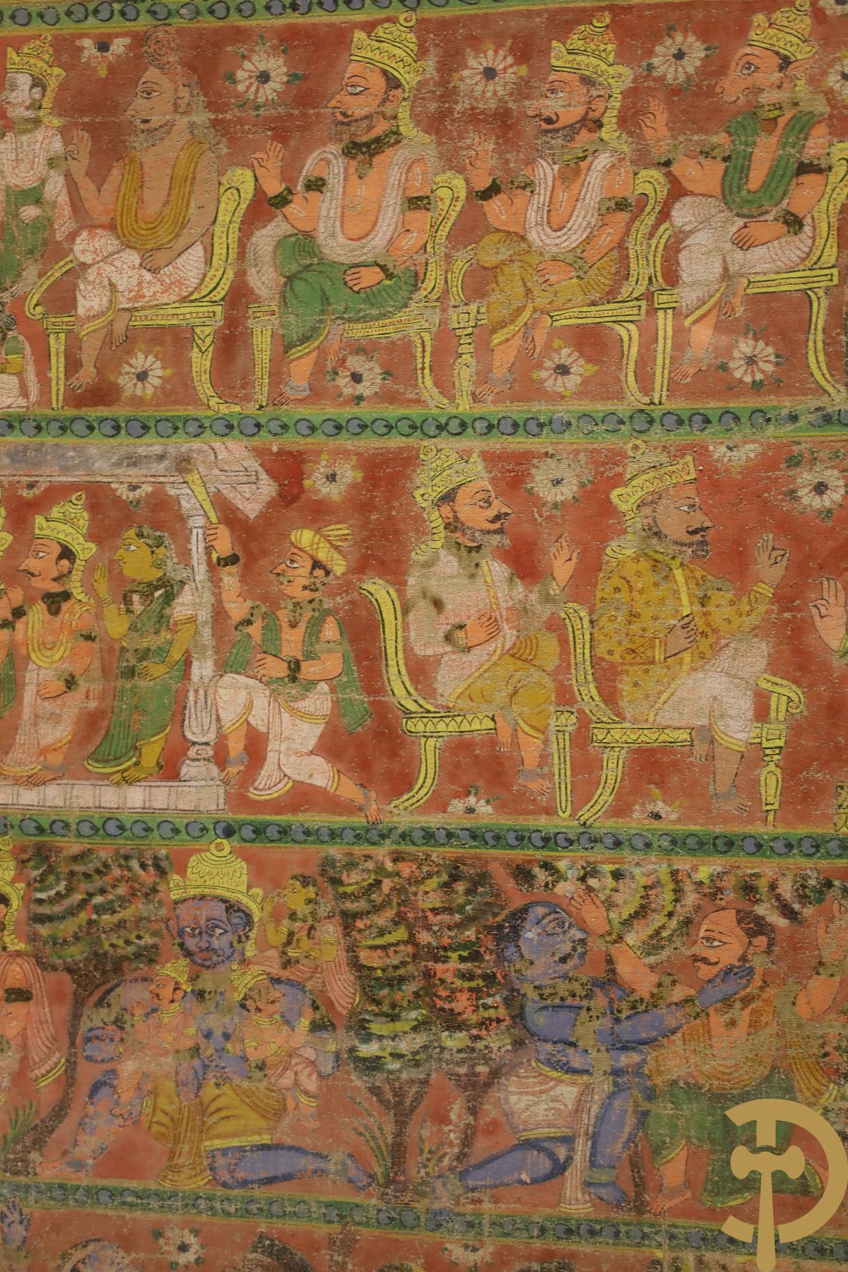 Antiek Indisch handbeschilderd doek met figuren, Shiva, 18e - 19e