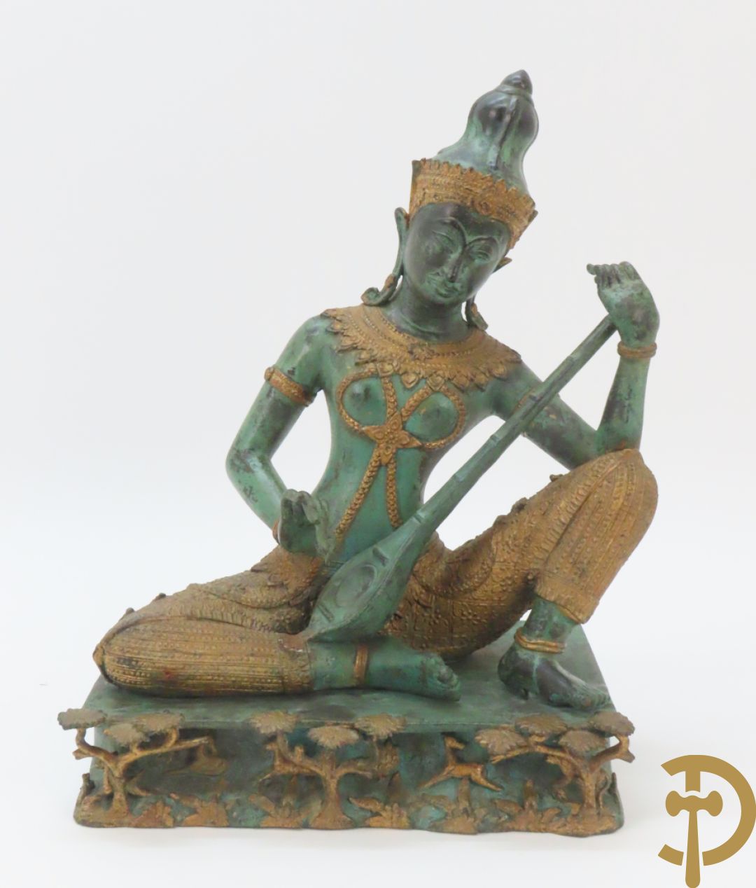 Bronzen Thibetaanse fo-hond als lampadaire + 2 bronzen musicerende boedhistische figuren