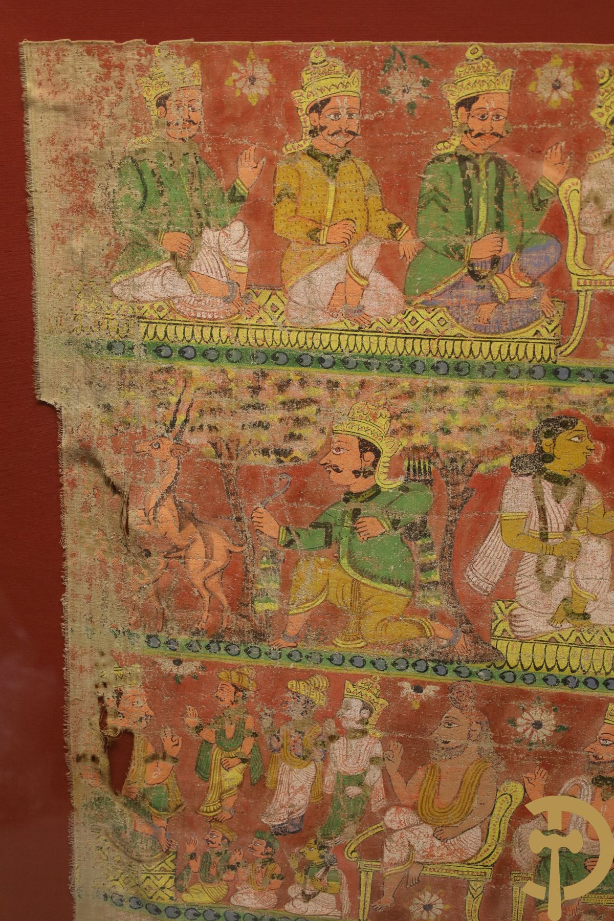 Antiek Indisch handbeschilderd doek met figuren, Shiva, 18e - 19e