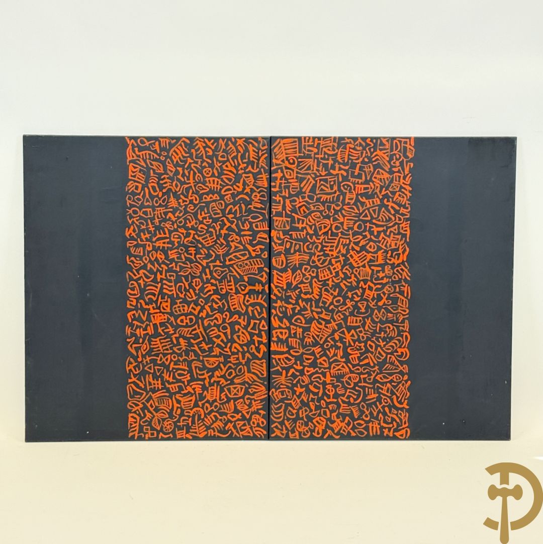 DEGRYSE Jean getekend verso 'Rode symbolen op zwarte fond' tweeluik olie op doek