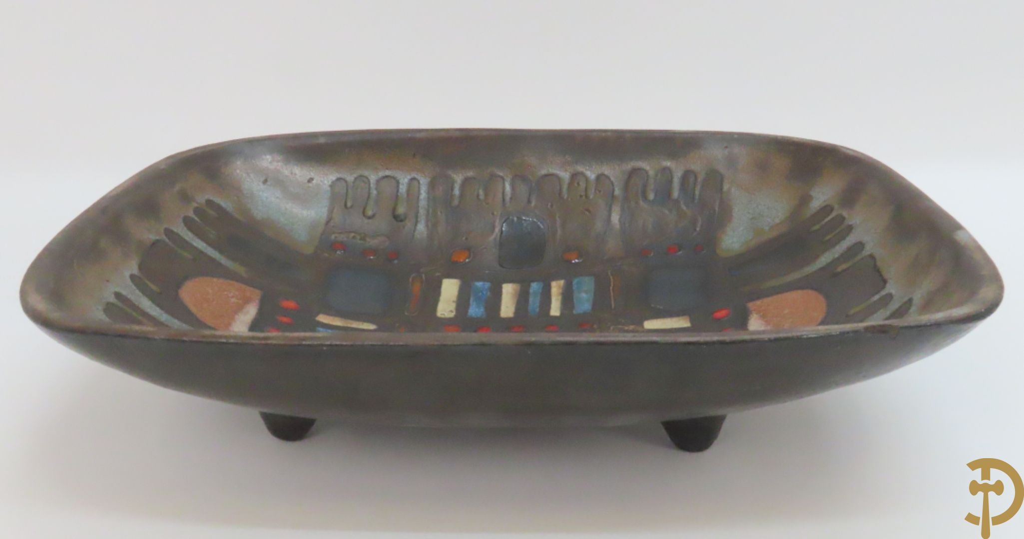 Moderne keramieken kleurrijke vintage coupe, gemerkt Perignem + Keramiek beeld van zeemeermin,  Amfora Vandeweghe