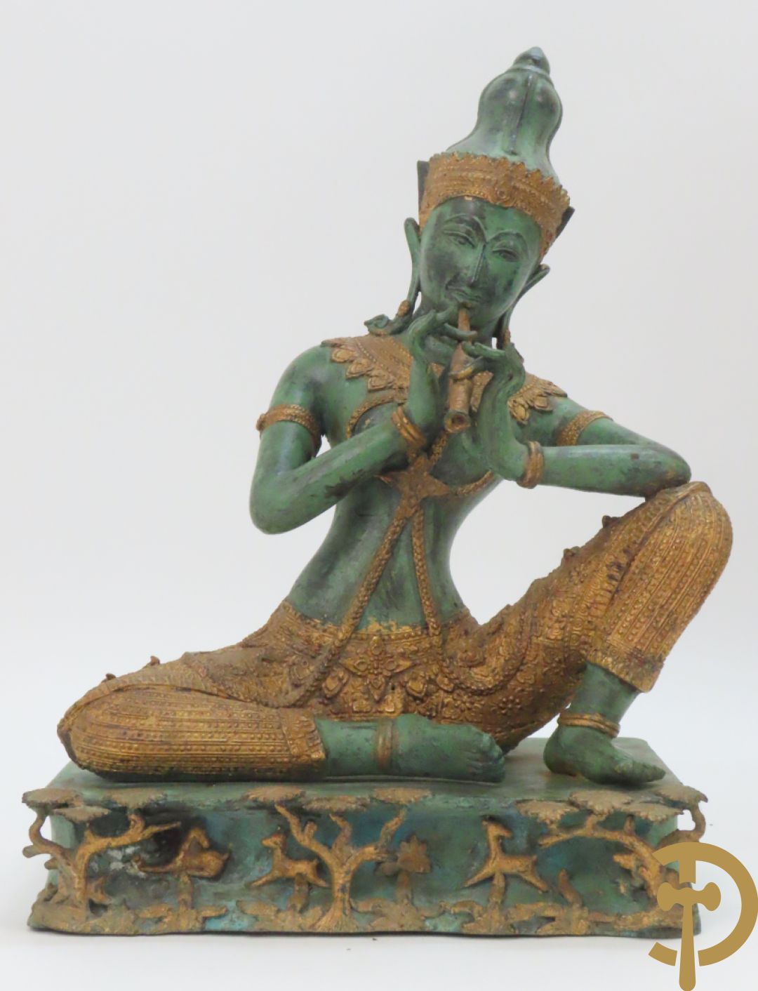 Bronzen Thibetaanse fo-hond als lampadaire + 2 bronzen musicerende boedhistische figuren